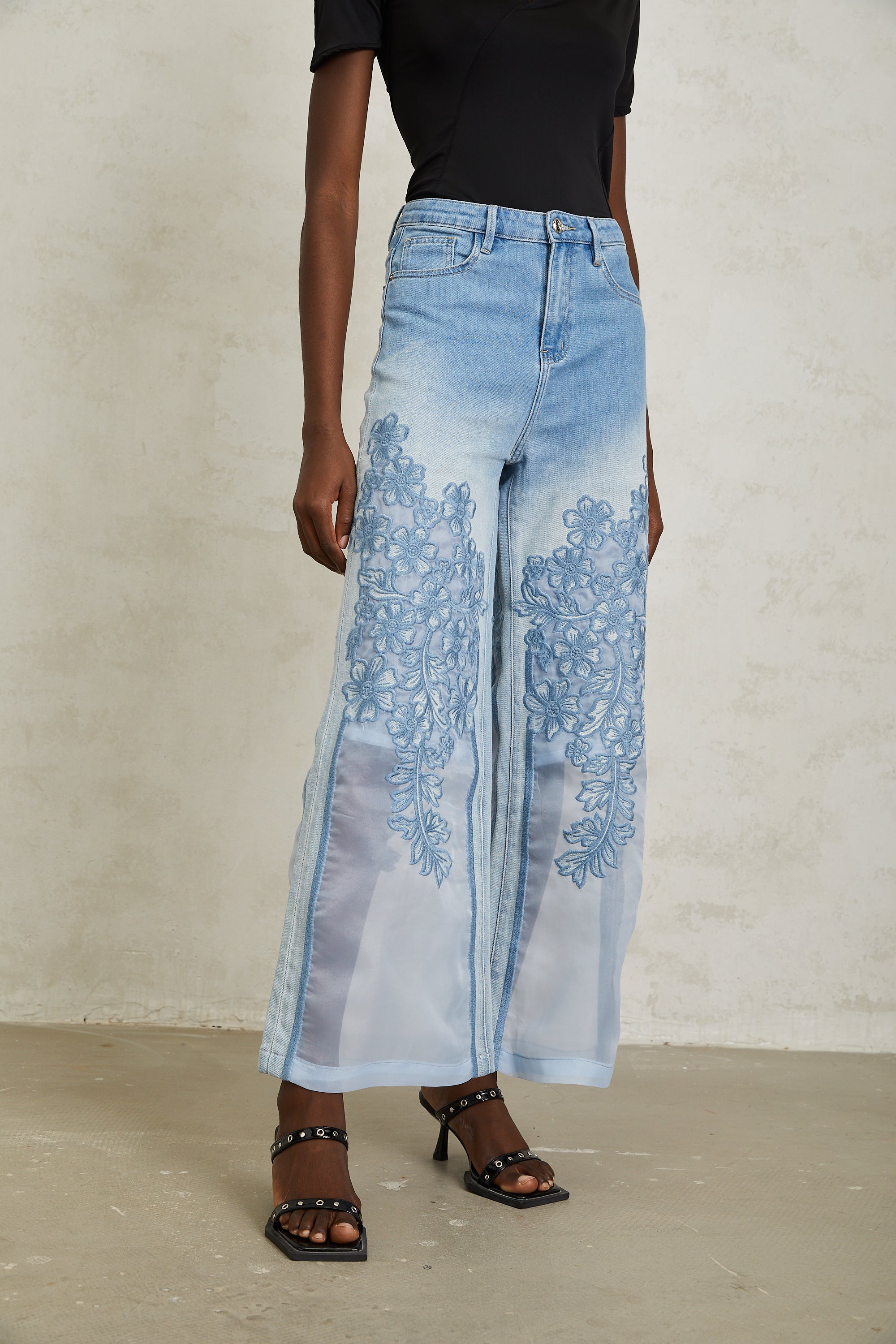Inmaculada Blue Tulle Panel Floral Embroidered Jeans