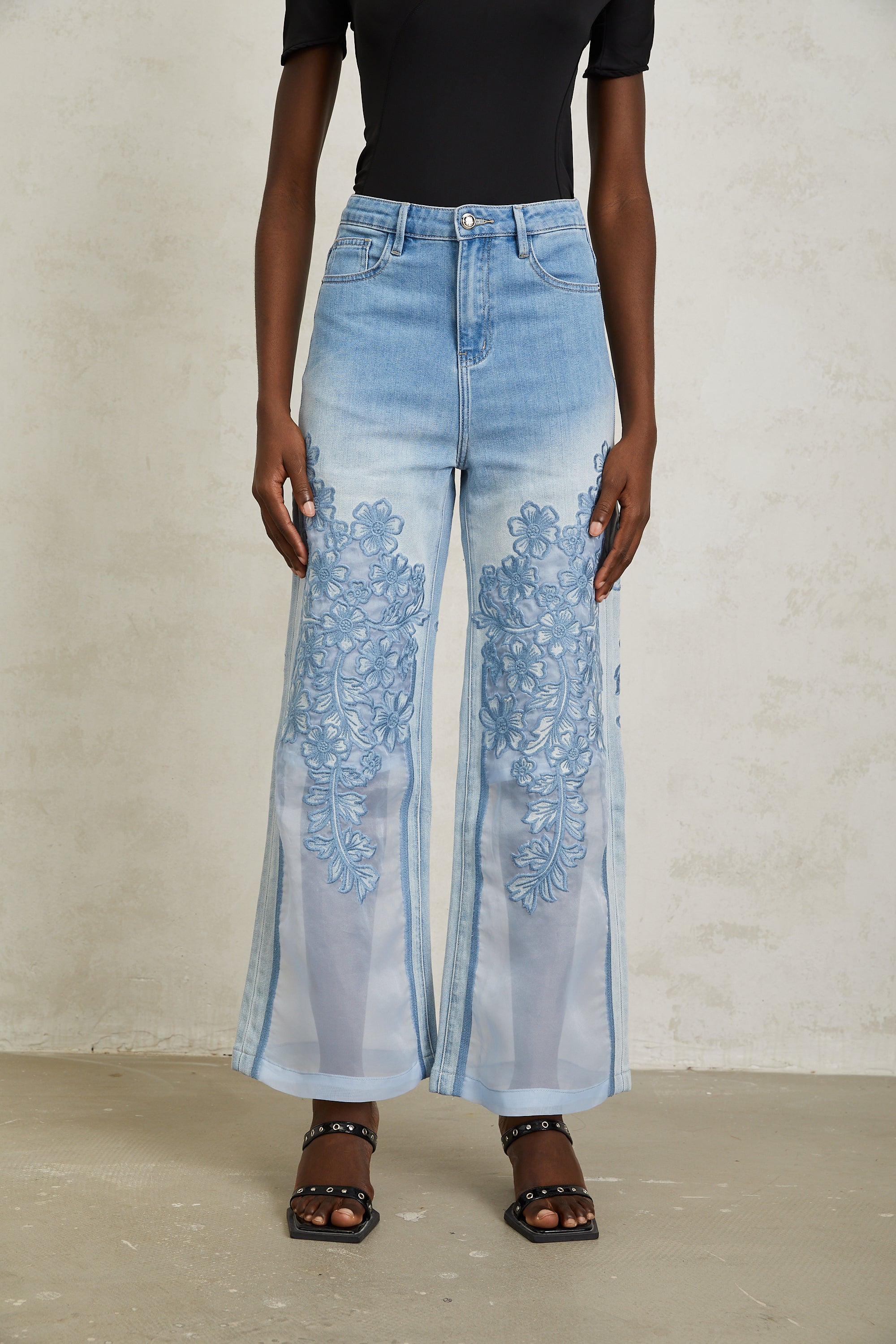 Inmaculada Blue Tulle Panel Floral Embroidered Jeans