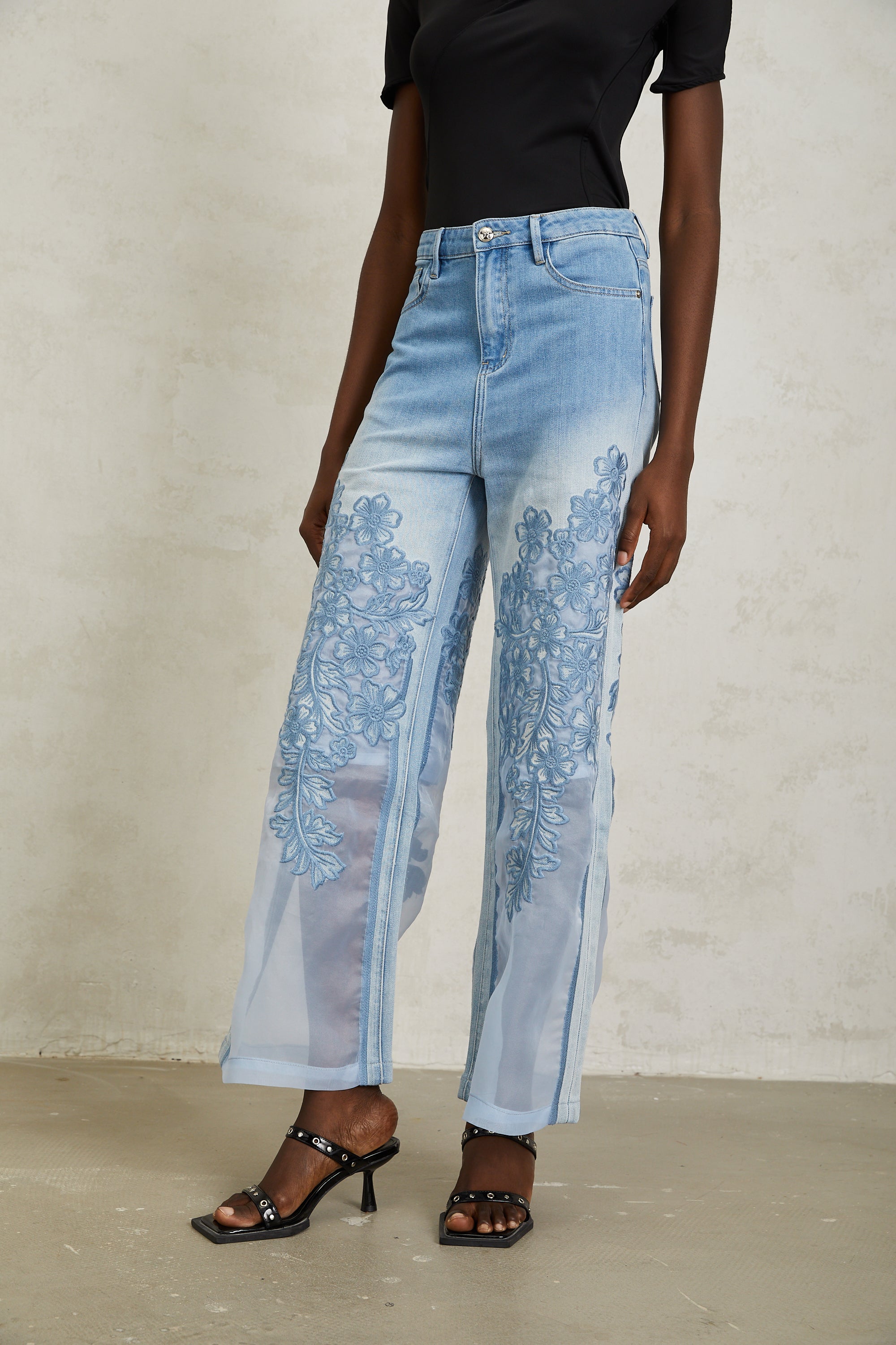 Inmaculada Blue Tulle Panel Floral Embroidered Jeans