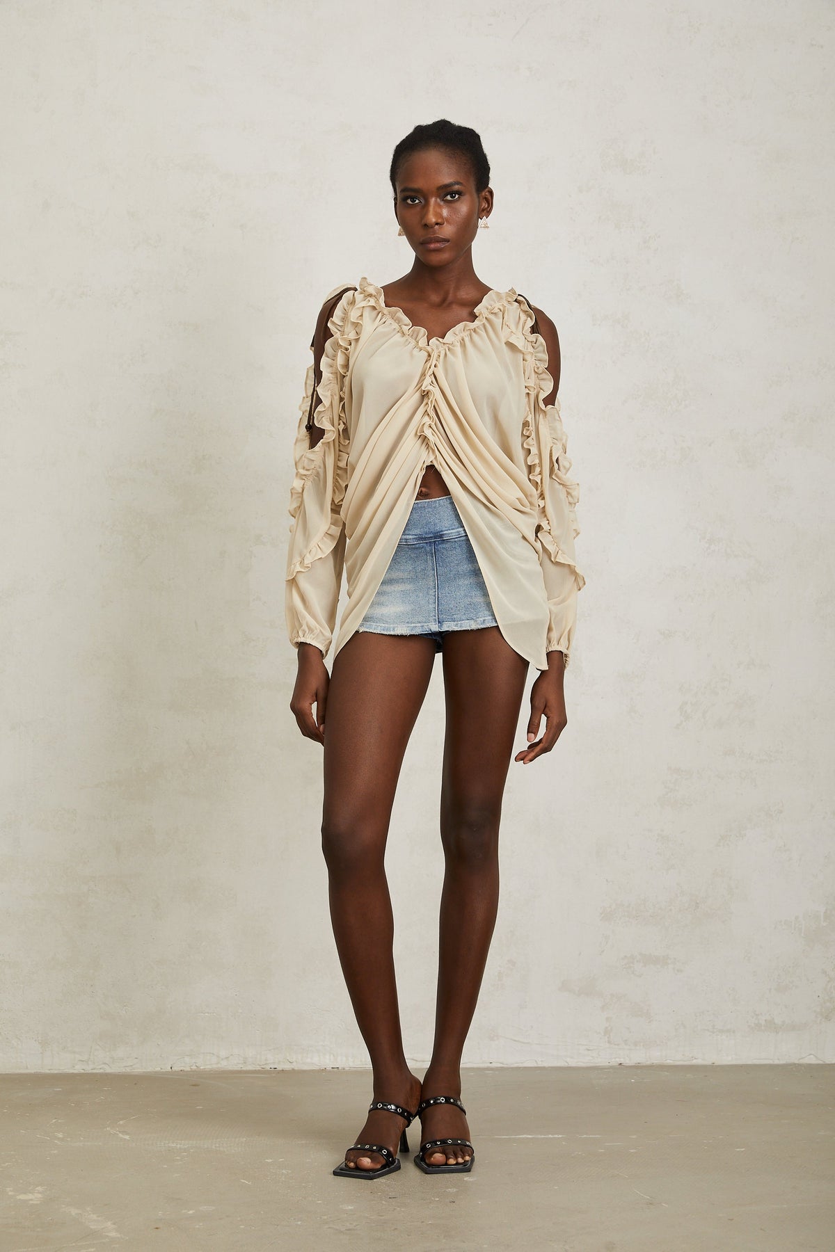 Priscille Neutral Ruffled Trim Chiffon Blouse (Final Sale-US Only)