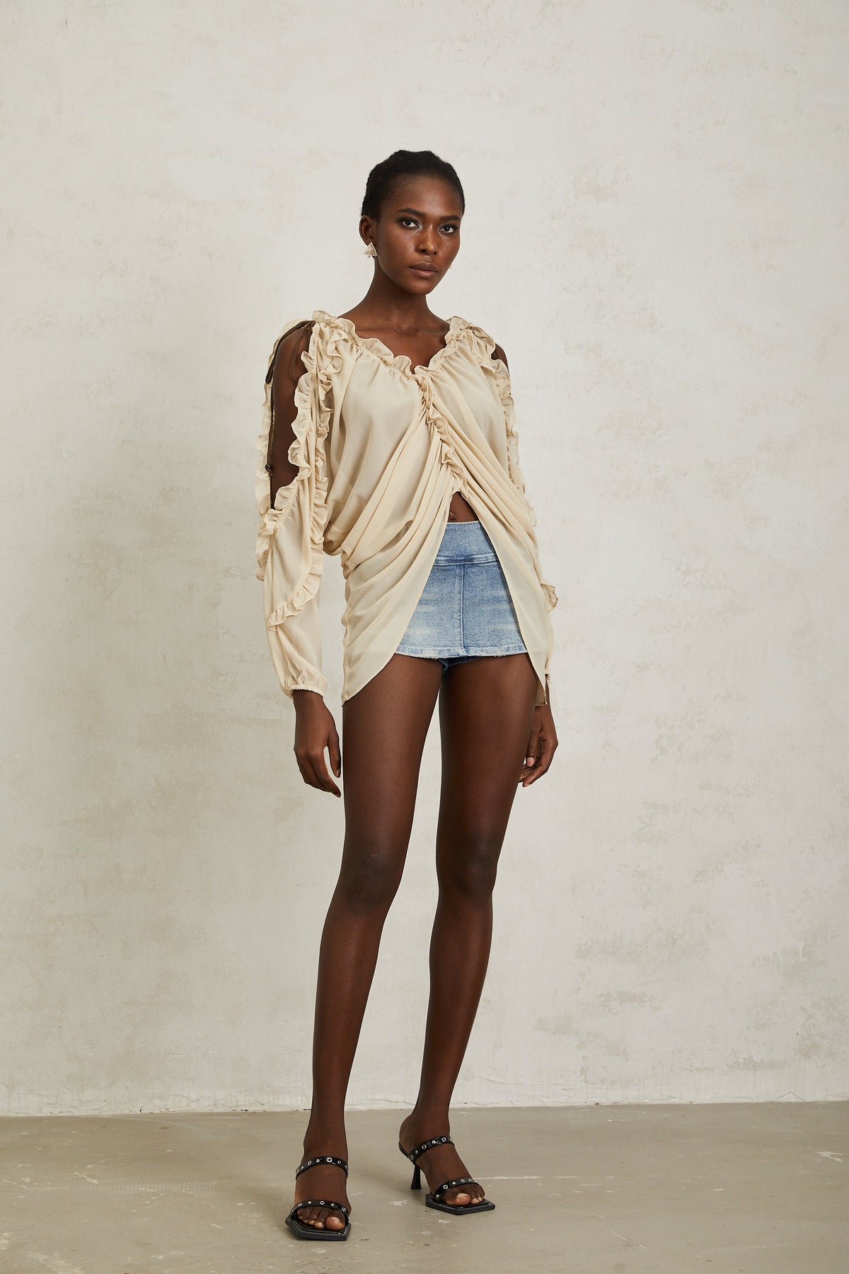 Priscille Neutral Ruffled Trim Chiffon Blouse