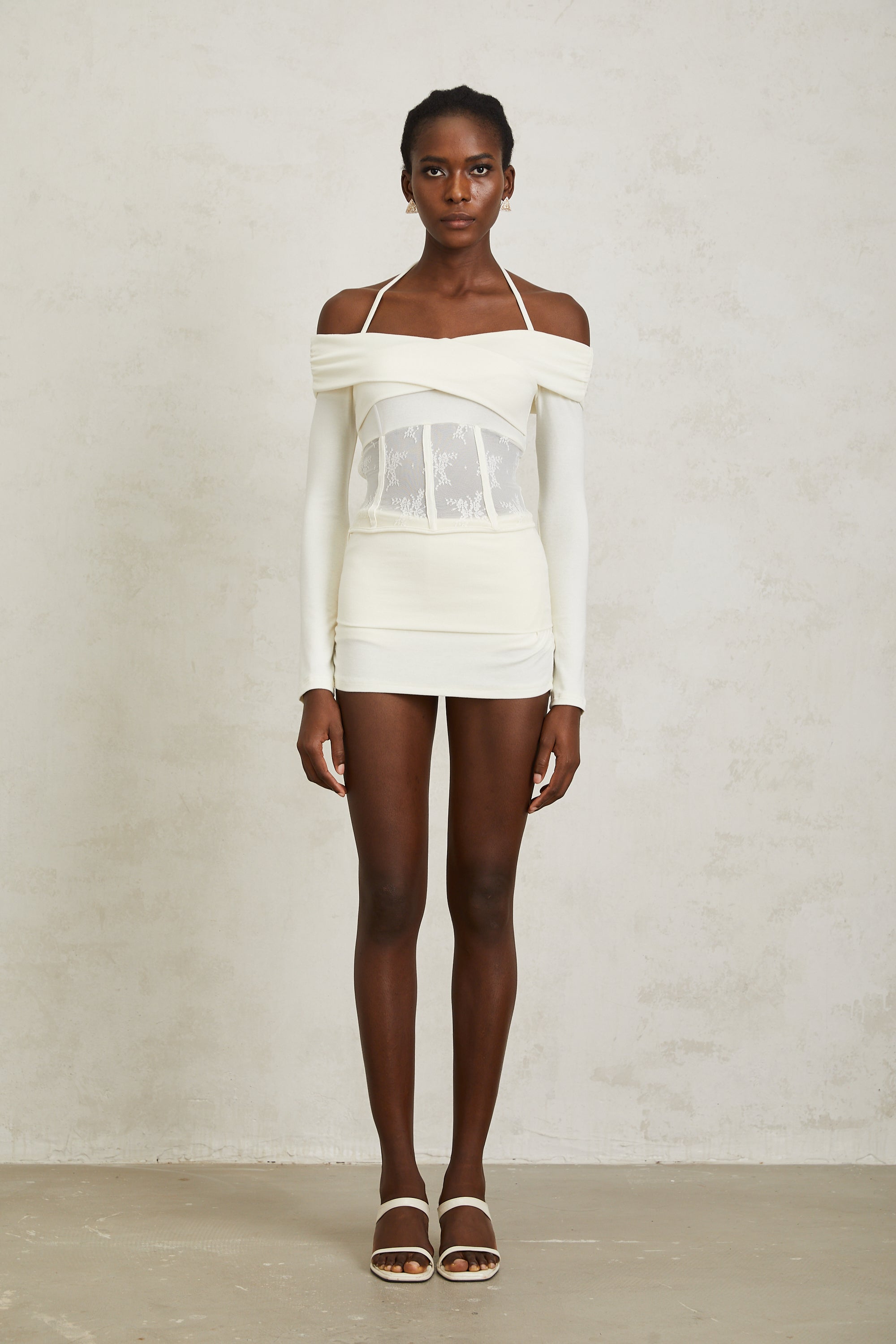 Coralie White Lace Panel Knit Blouse & Skirt Set
