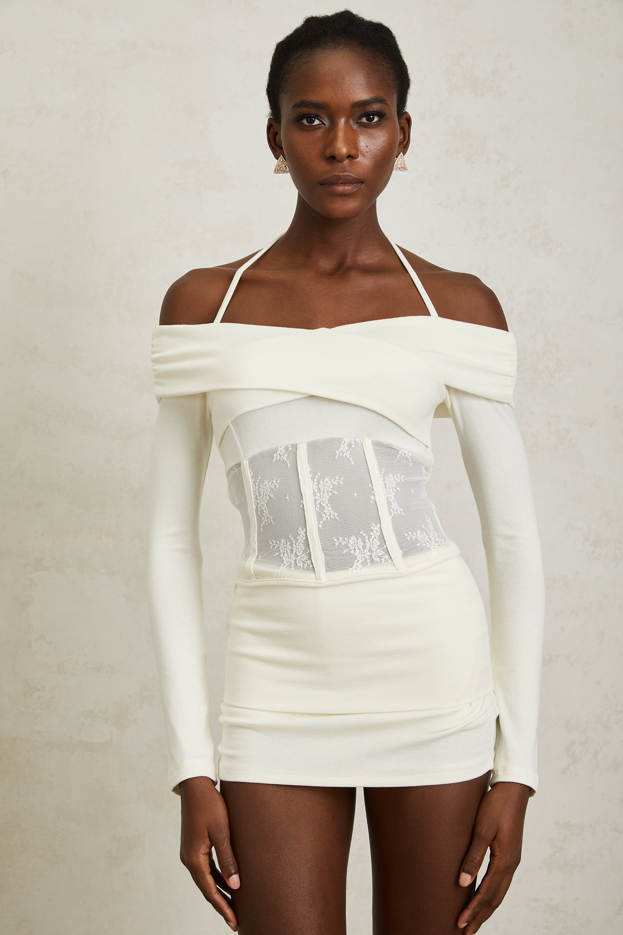 Coralie White Lace Panel Knit Blouse & Skirt Set