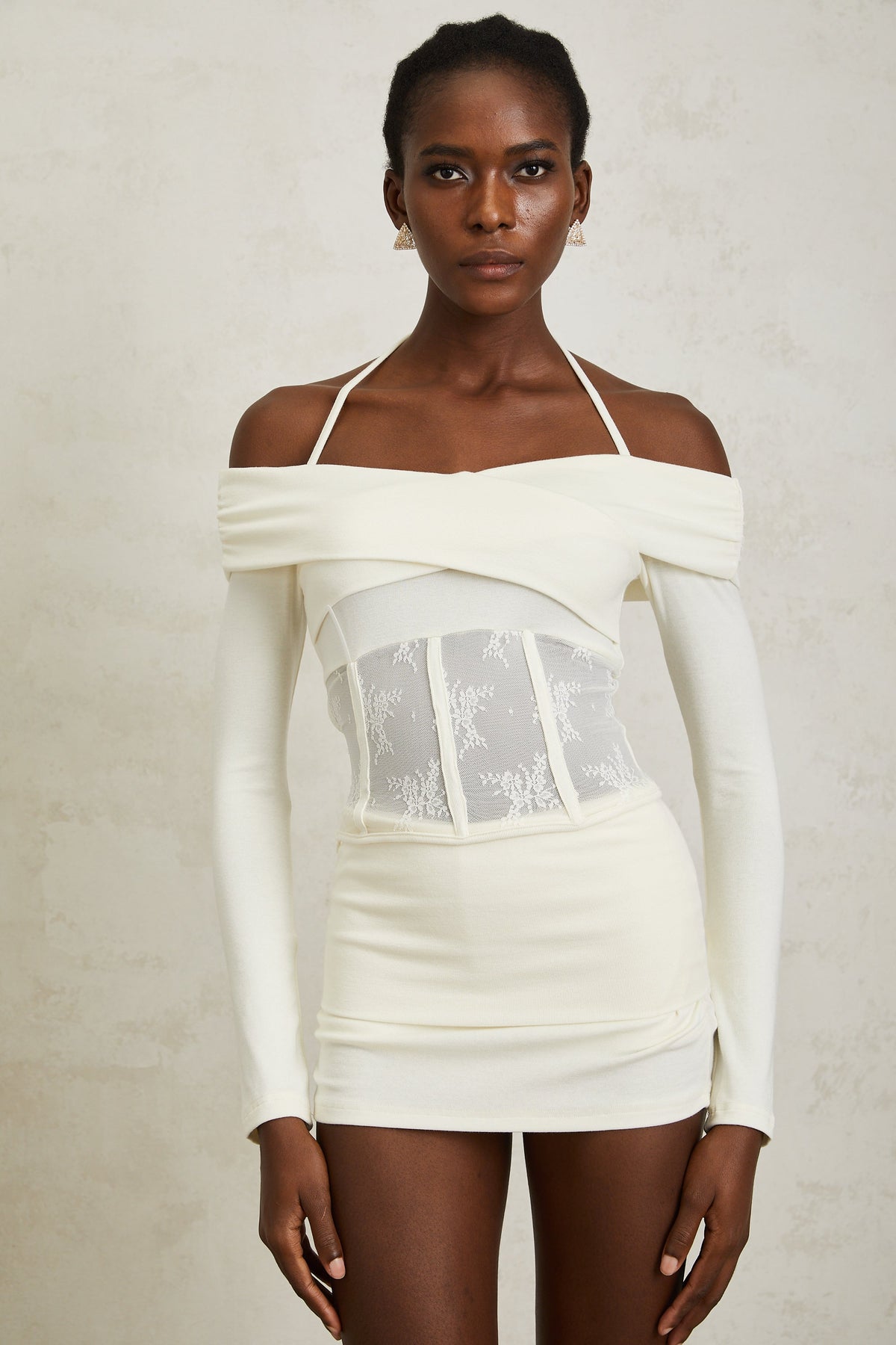 Coralie White Lace Panel Knit Blouse & Skirt Set