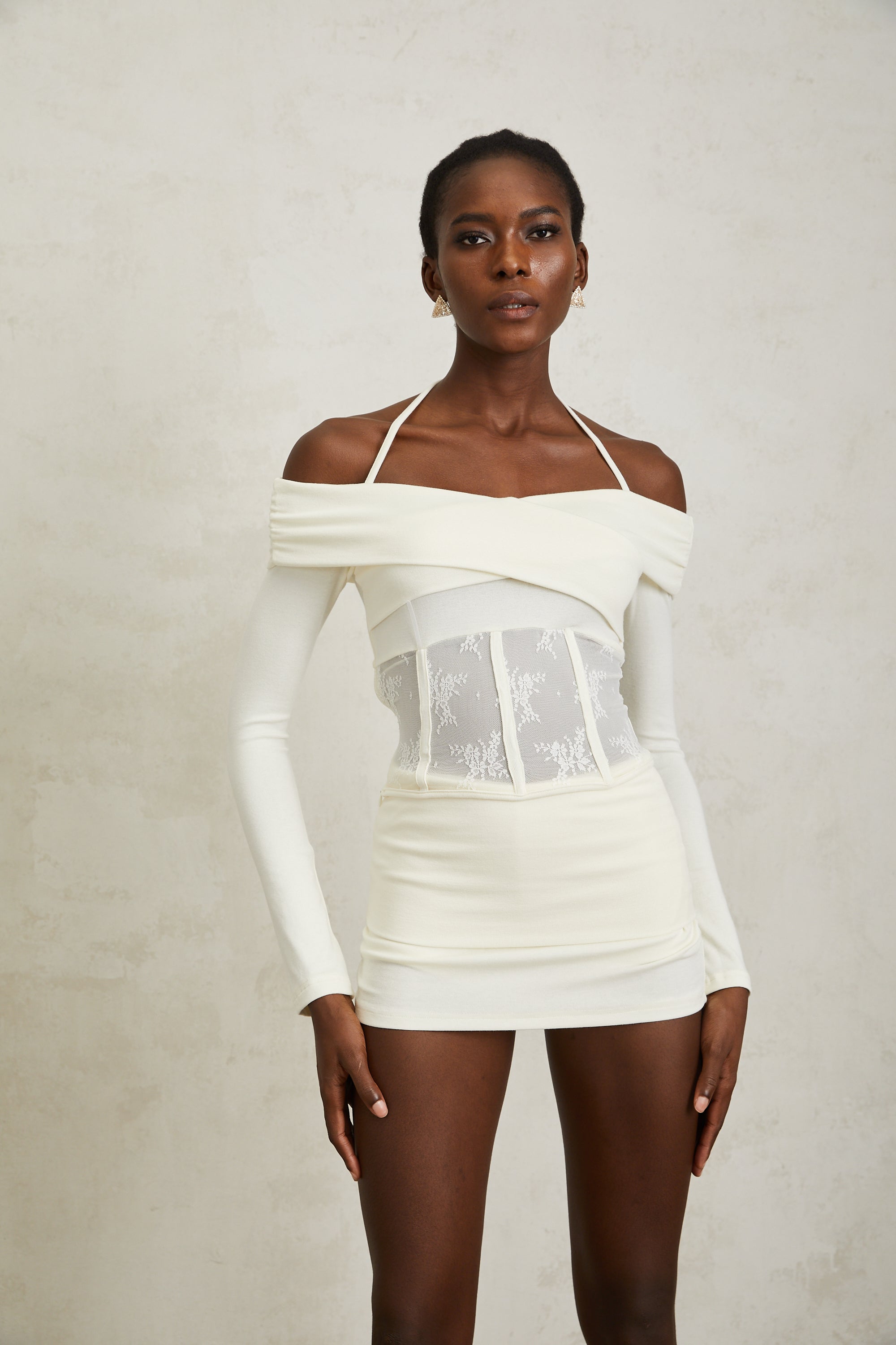 Coralie White Lace Panel Knit Blouse & Skirt Set