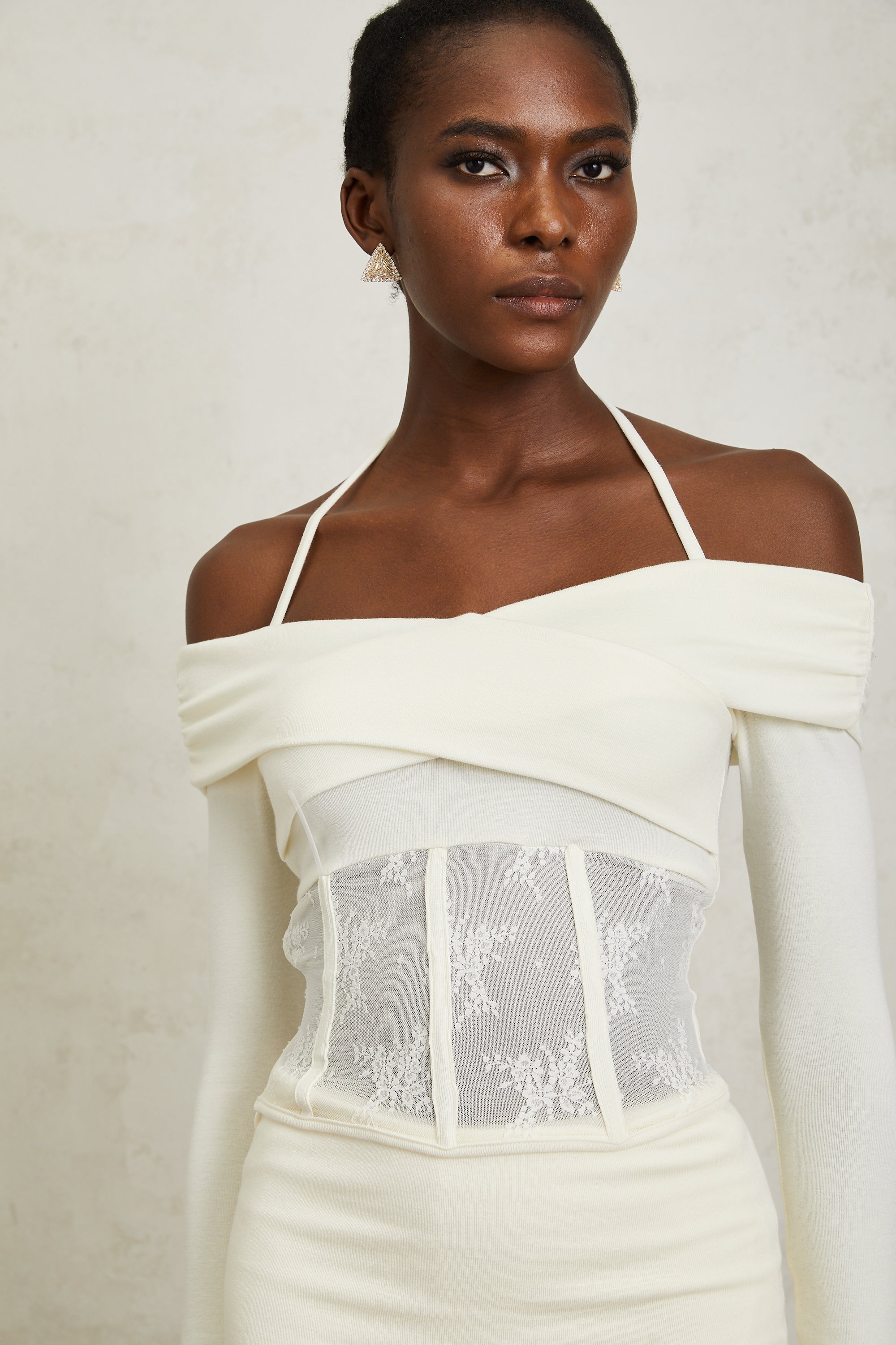 Coralie White Lace Panel Knit Blouse & Skirt Set