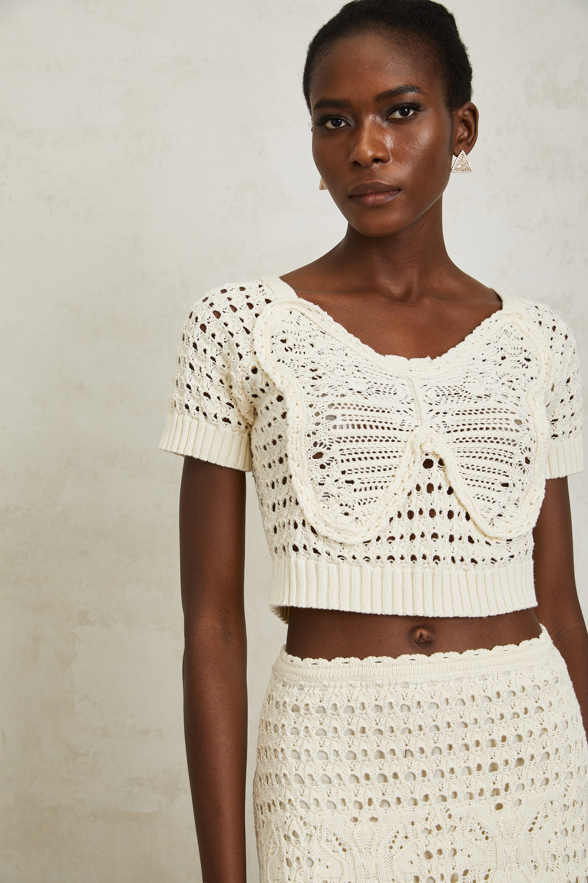 Bérénice Cream White Bowknot Knit Top