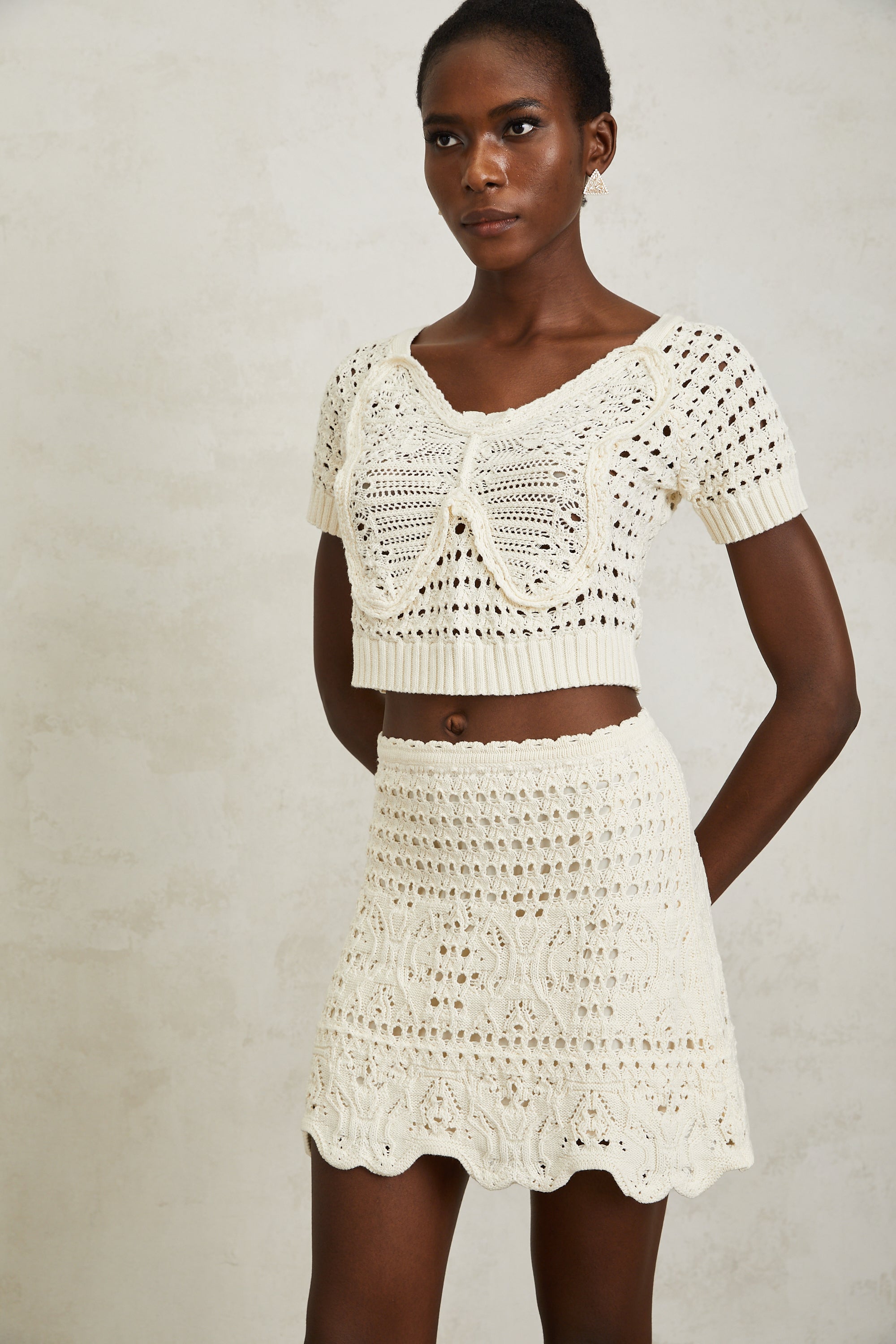 Bérénice Cream White Bowknot Knit Top