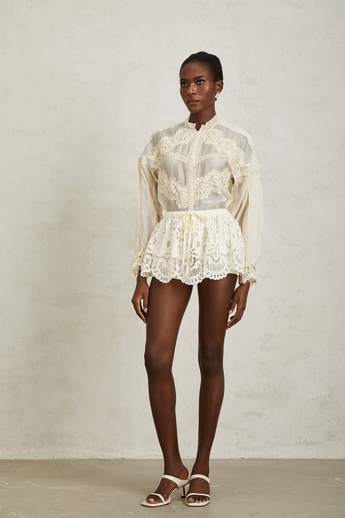 Noa Neutral Floral Lace Blouse & Skirt Set