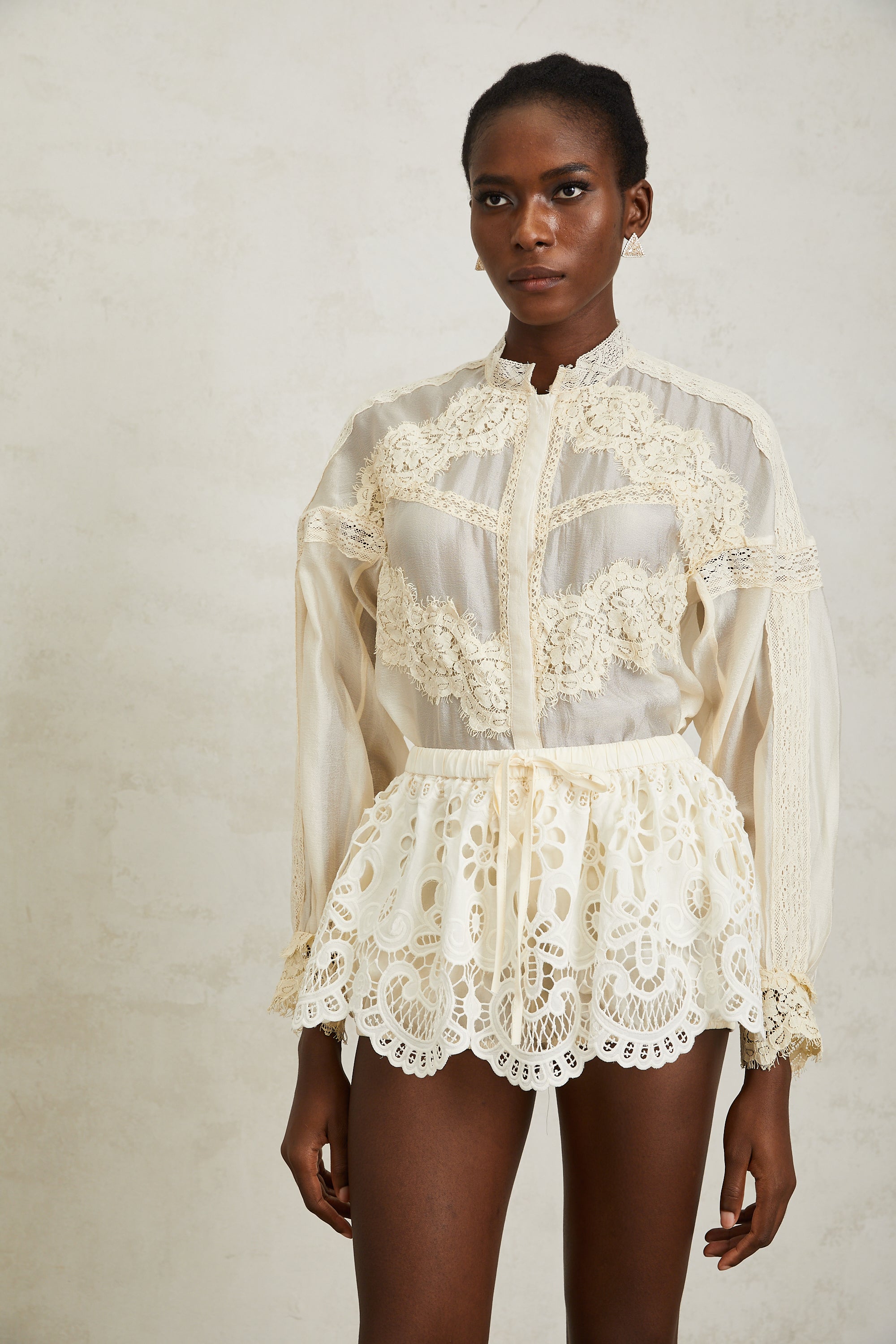 Noa Neutral Floral Lace Blouse & Skirt Set