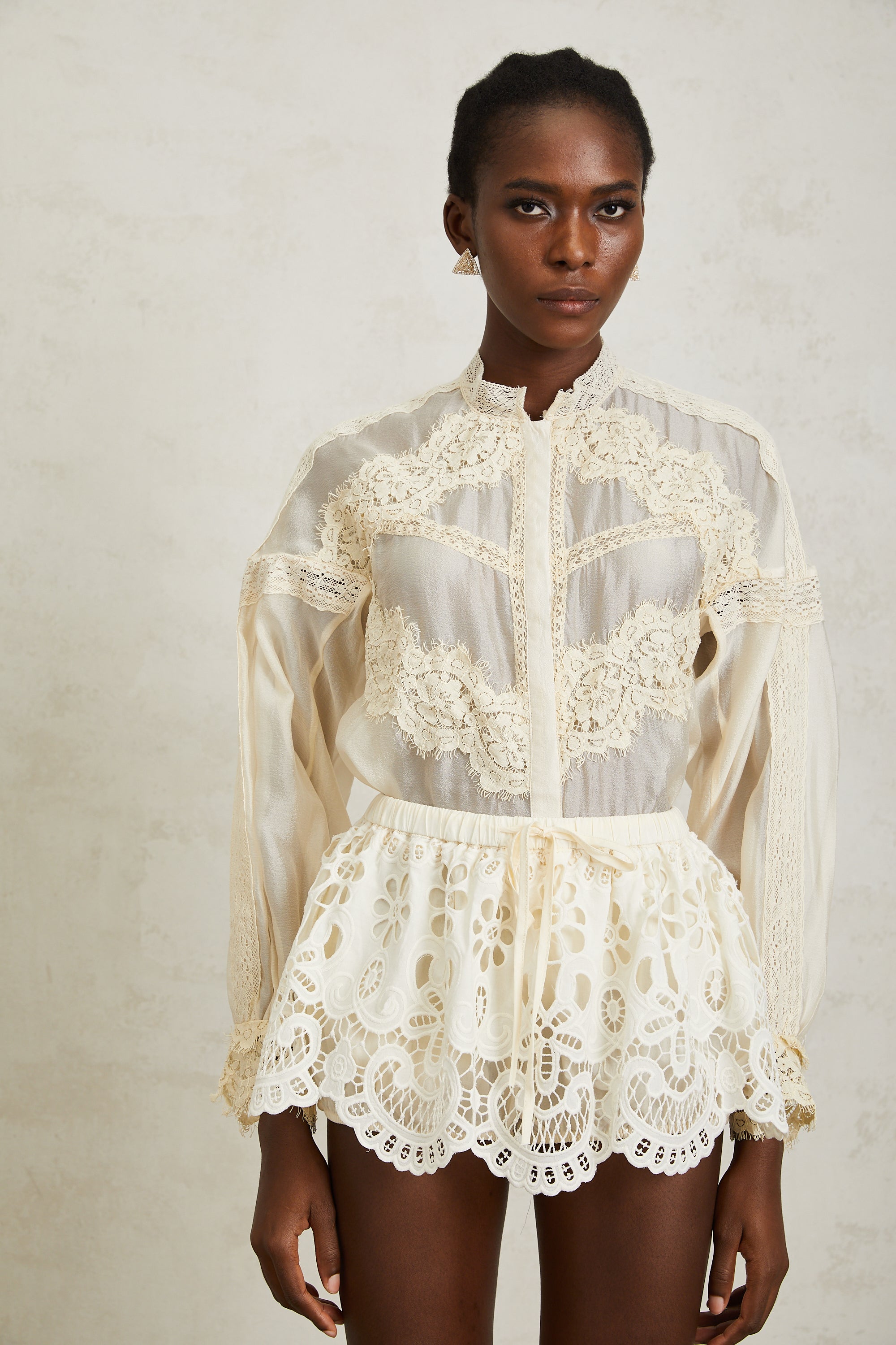 Noa Neutral Floral Lace Blouse & Skirt Set