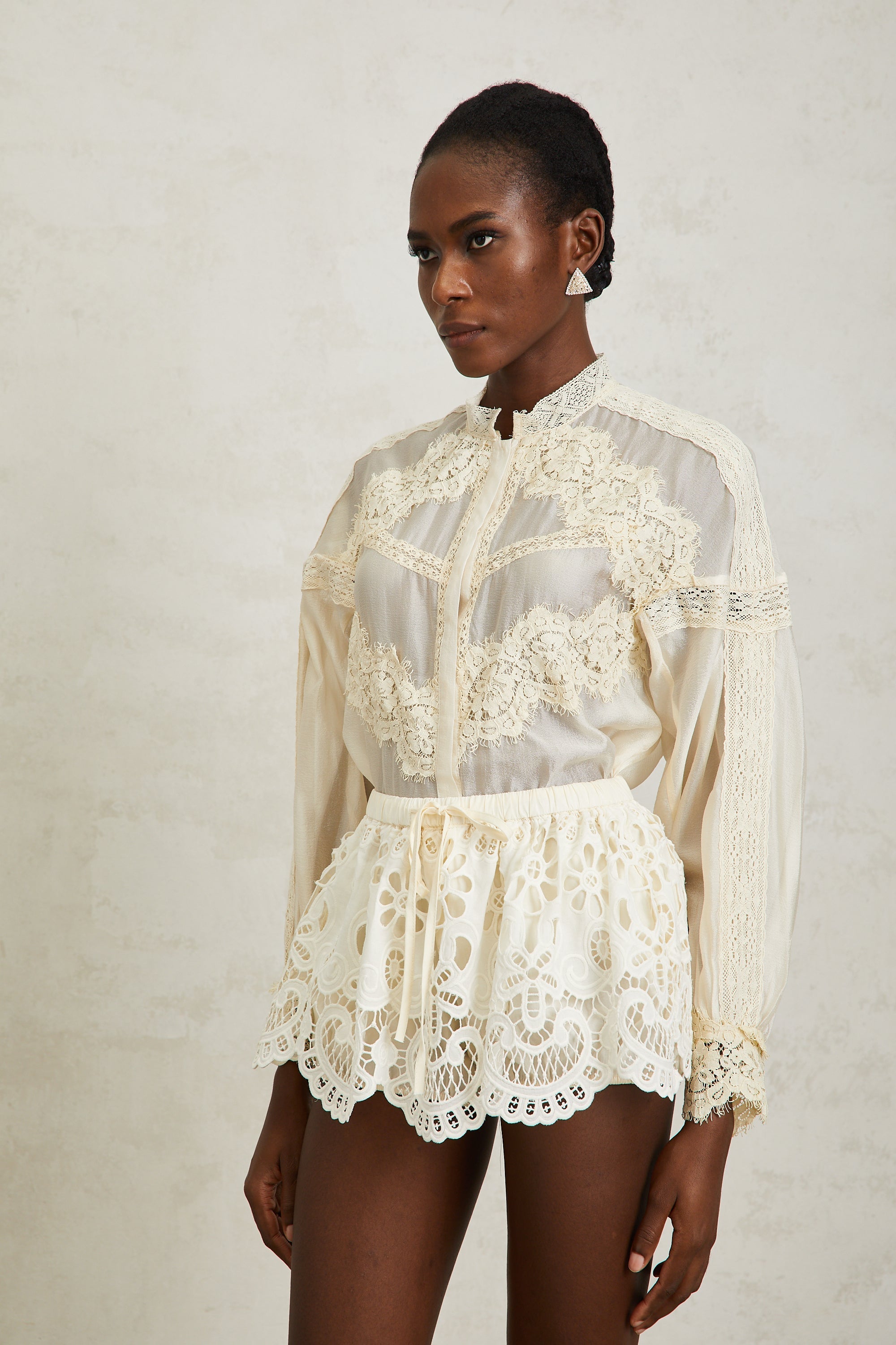 Noa Neutral Floral Lace Blouse & Skirt Set