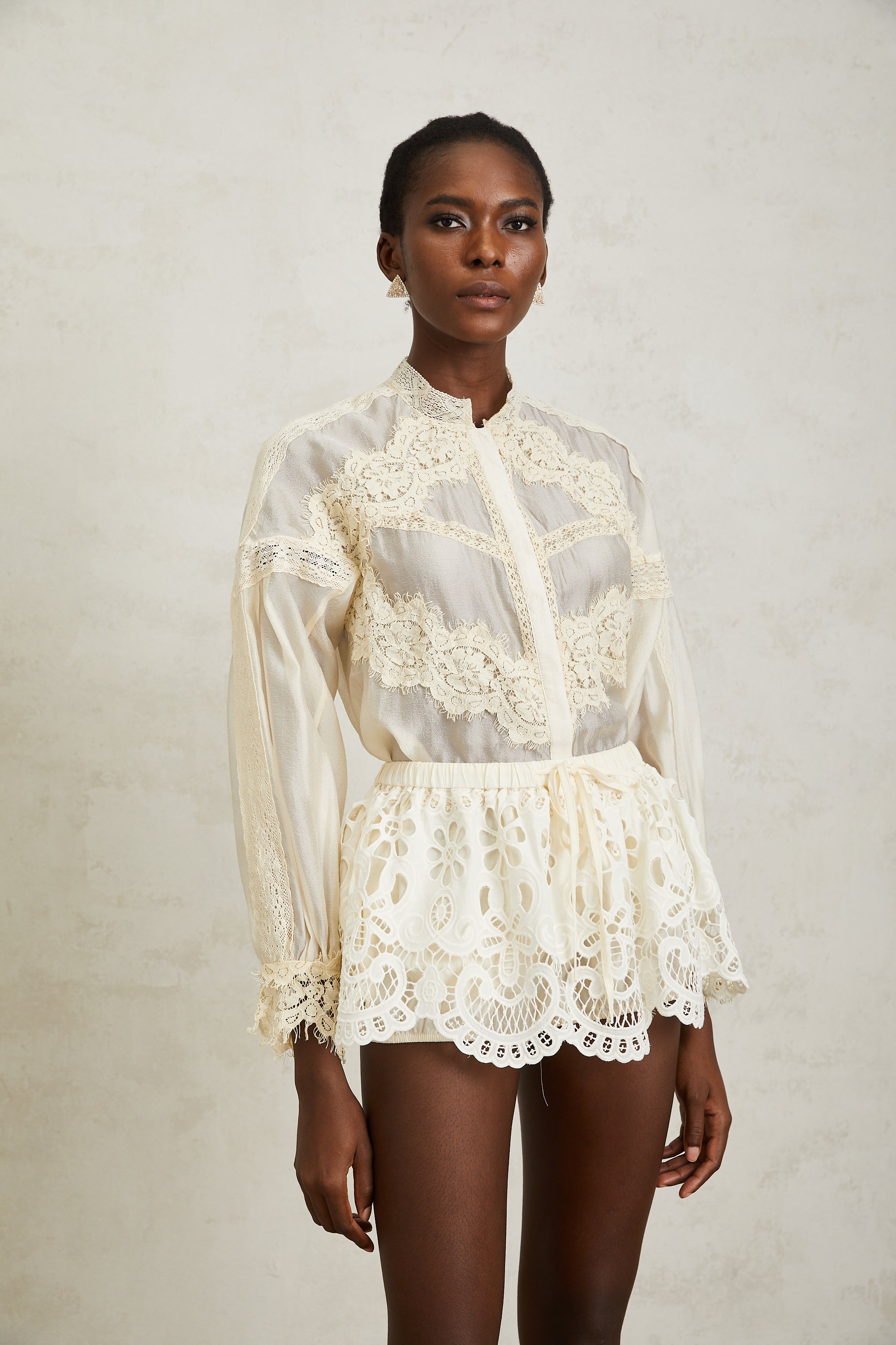 Noa Neutral Floral Lace Blouse & Skirt Set