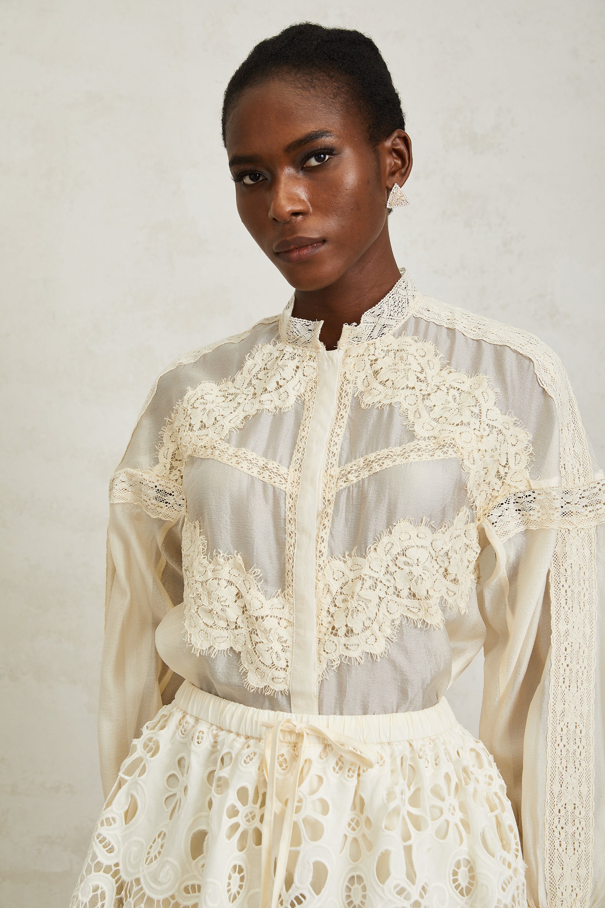 Noa Neutral Floral Lace Blouse & Skirt Set