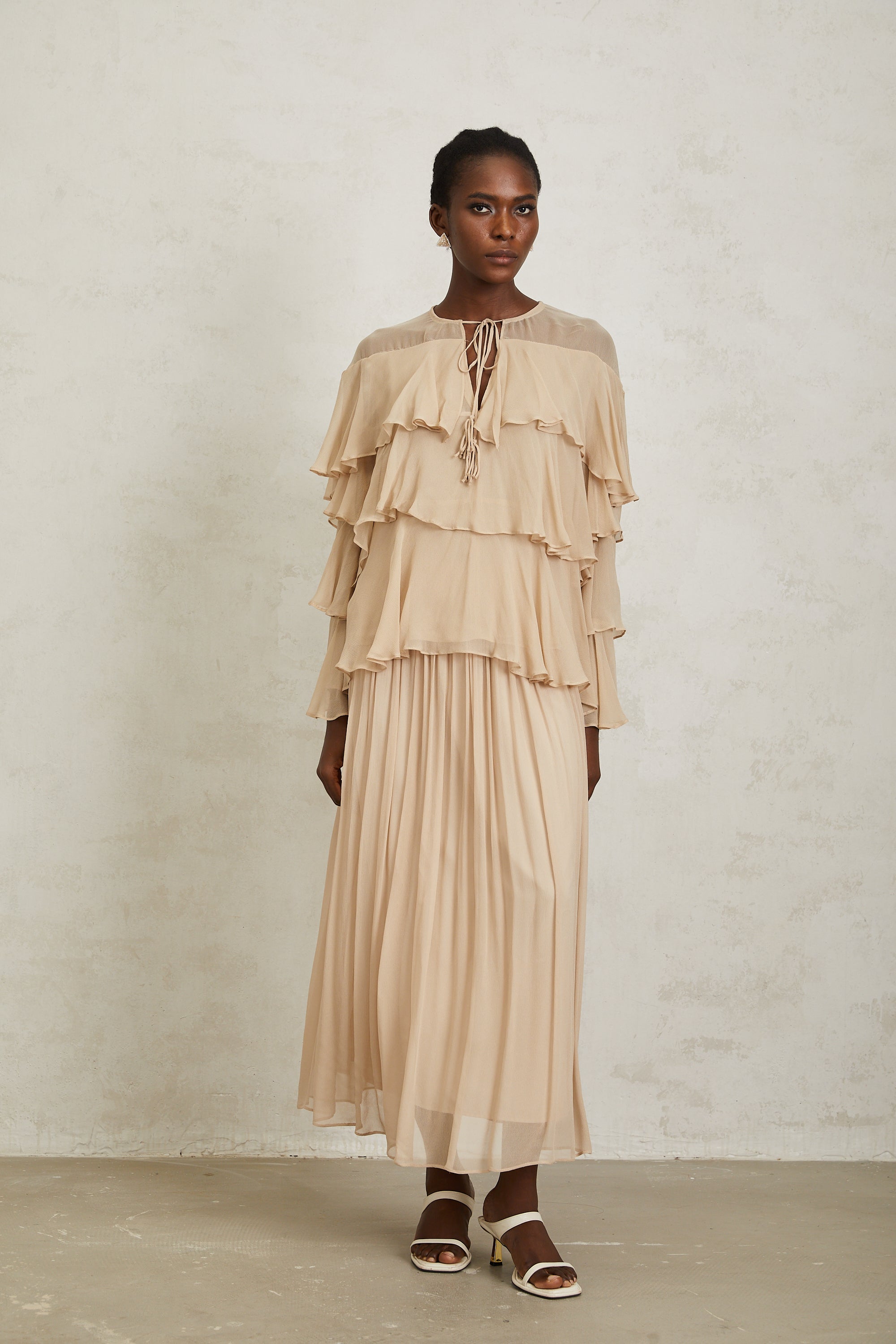 Brigitte Neutral Layered Chiffon Blouse & Skirt Set (Final Sale-US Only)