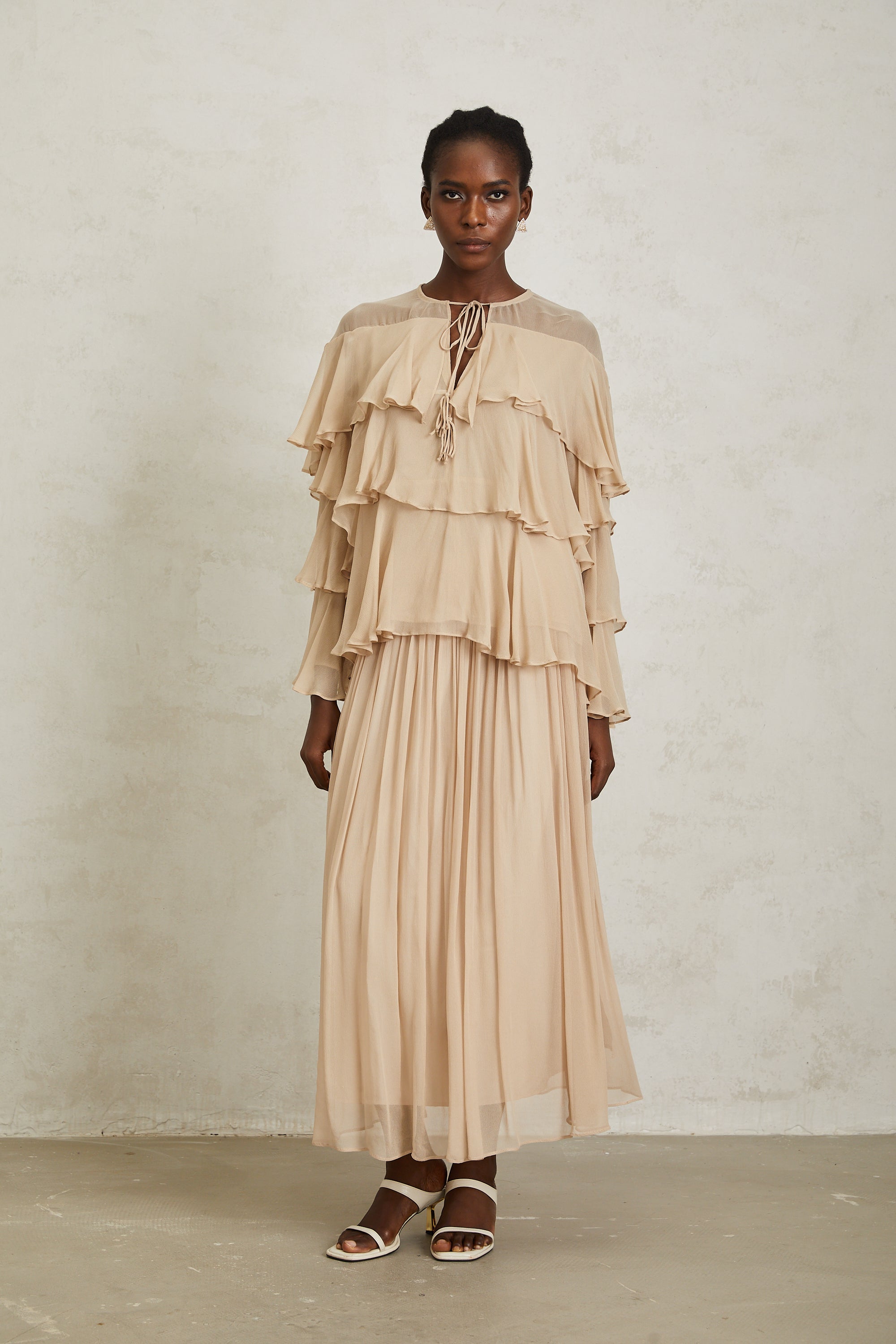 Brigitte Neutral Layered Chiffon Blouse & Skirt Set (Final Sale-US Only)