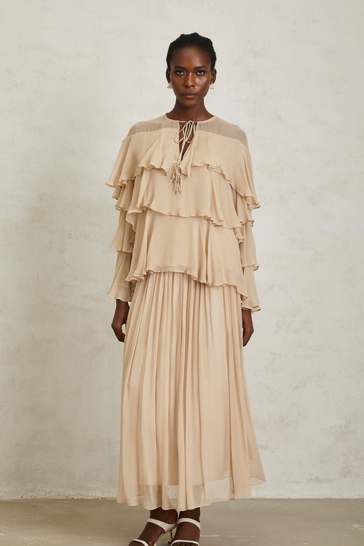 Brigitte Neutral Layered Chiffon Blouse & Skirt Set