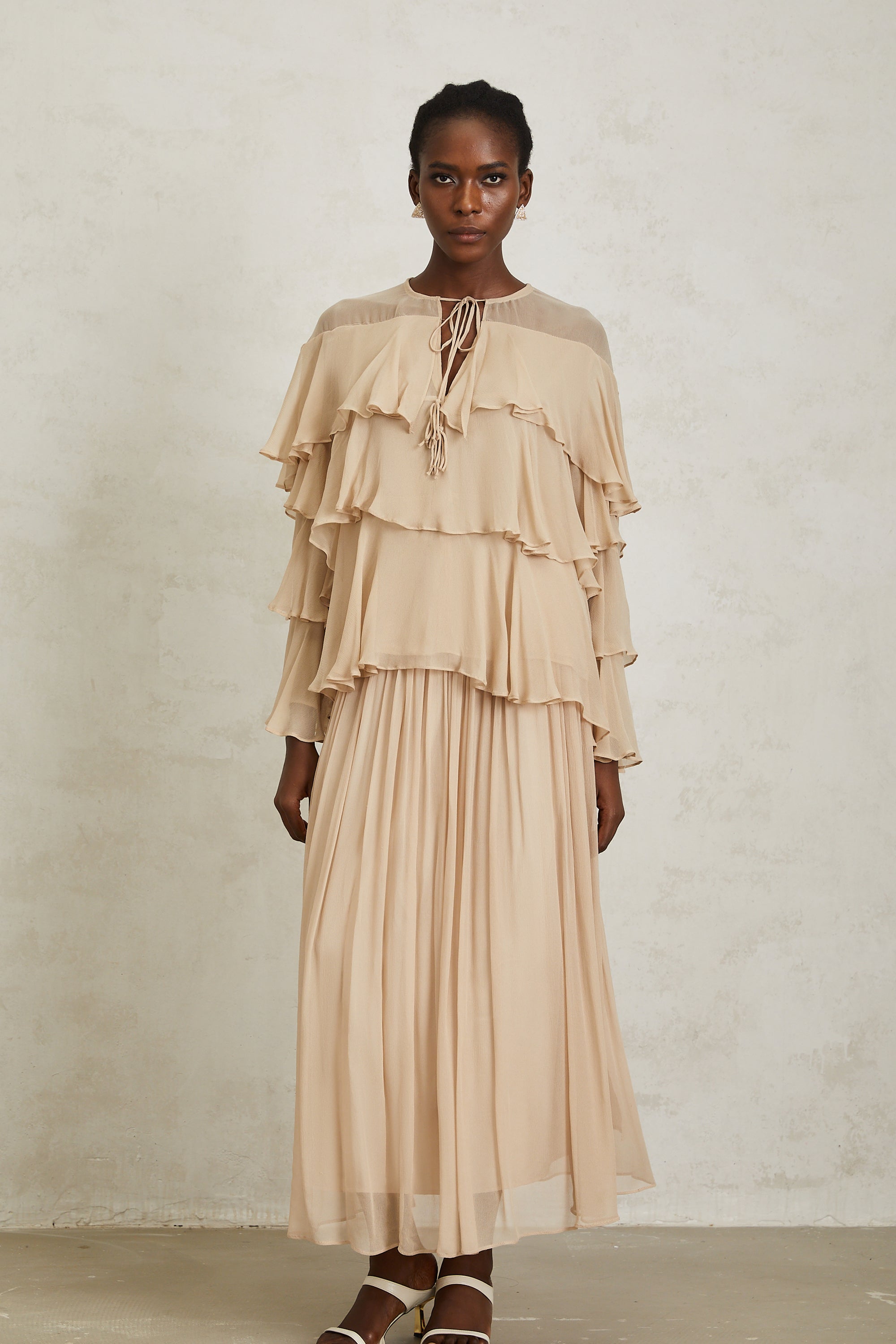 Brigitte Neutral Layered Chiffon Blouse & Skirt Set (Final Sale-US Only)