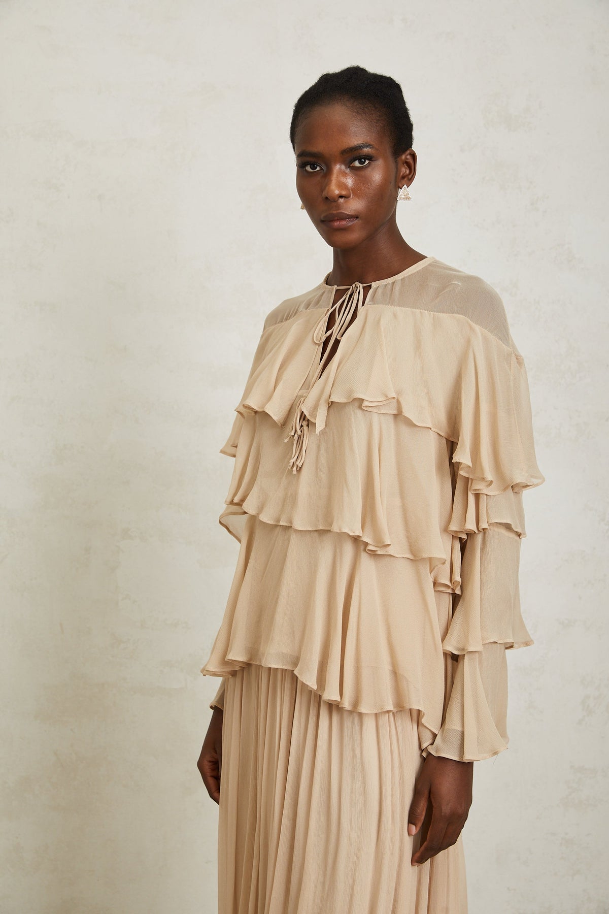 Brigitte Neutral Layered Chiffon Blouse & Skirt Set