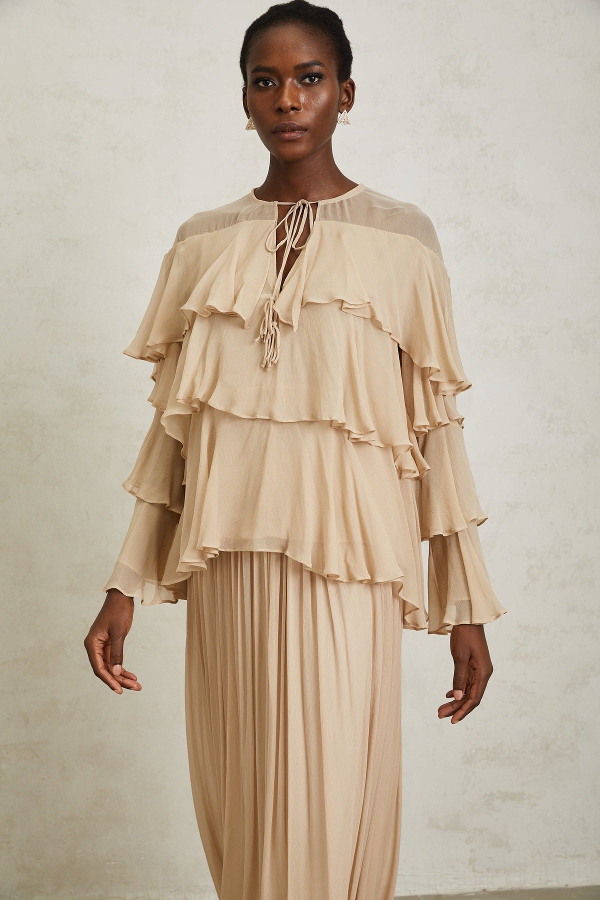 Brigitte Neutral Layered Chiffon Blouse & Skirt Set