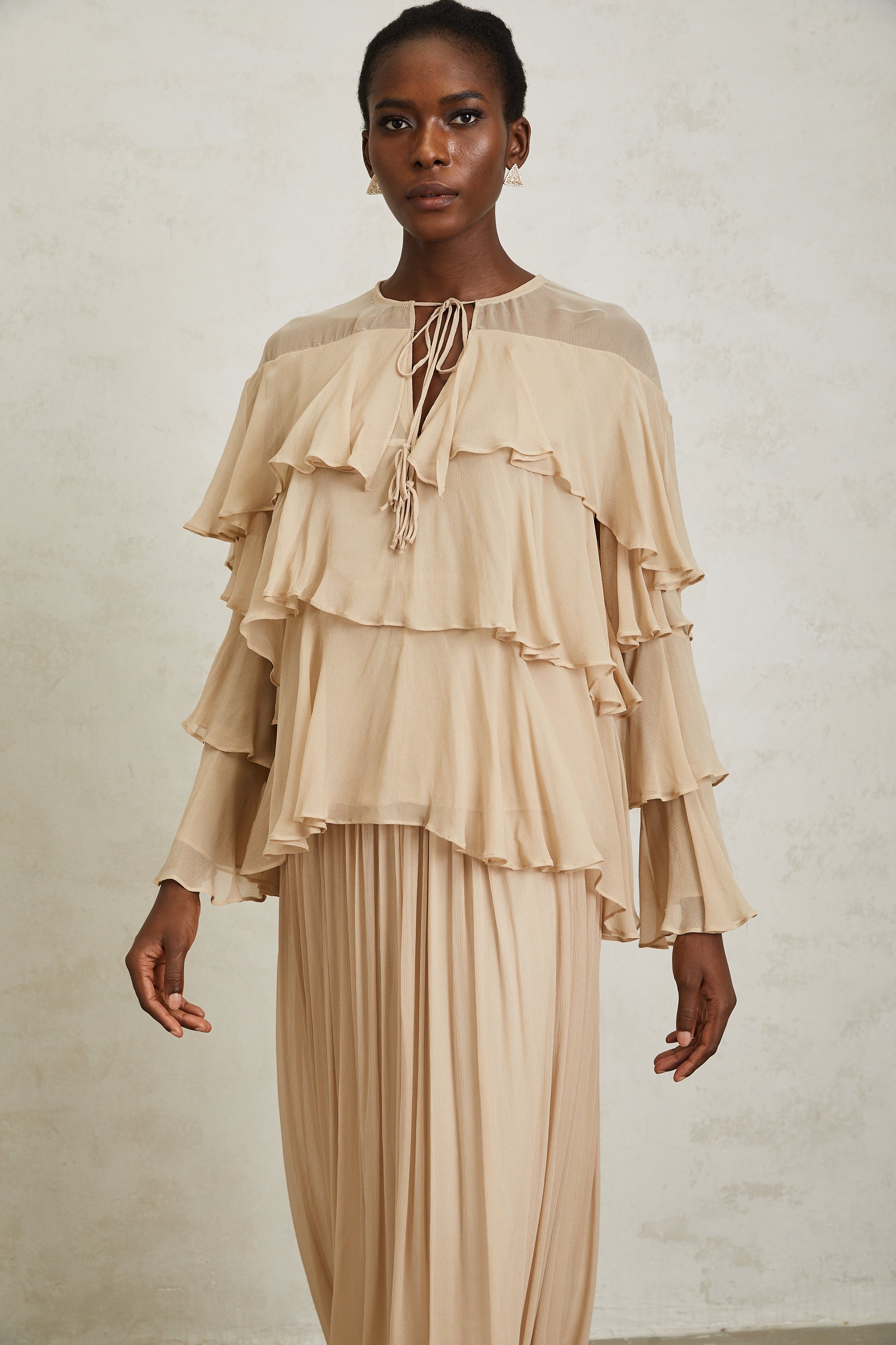 Brigitte Neutral Layered Chiffon Blouse & Skirt Set (Final Sale)