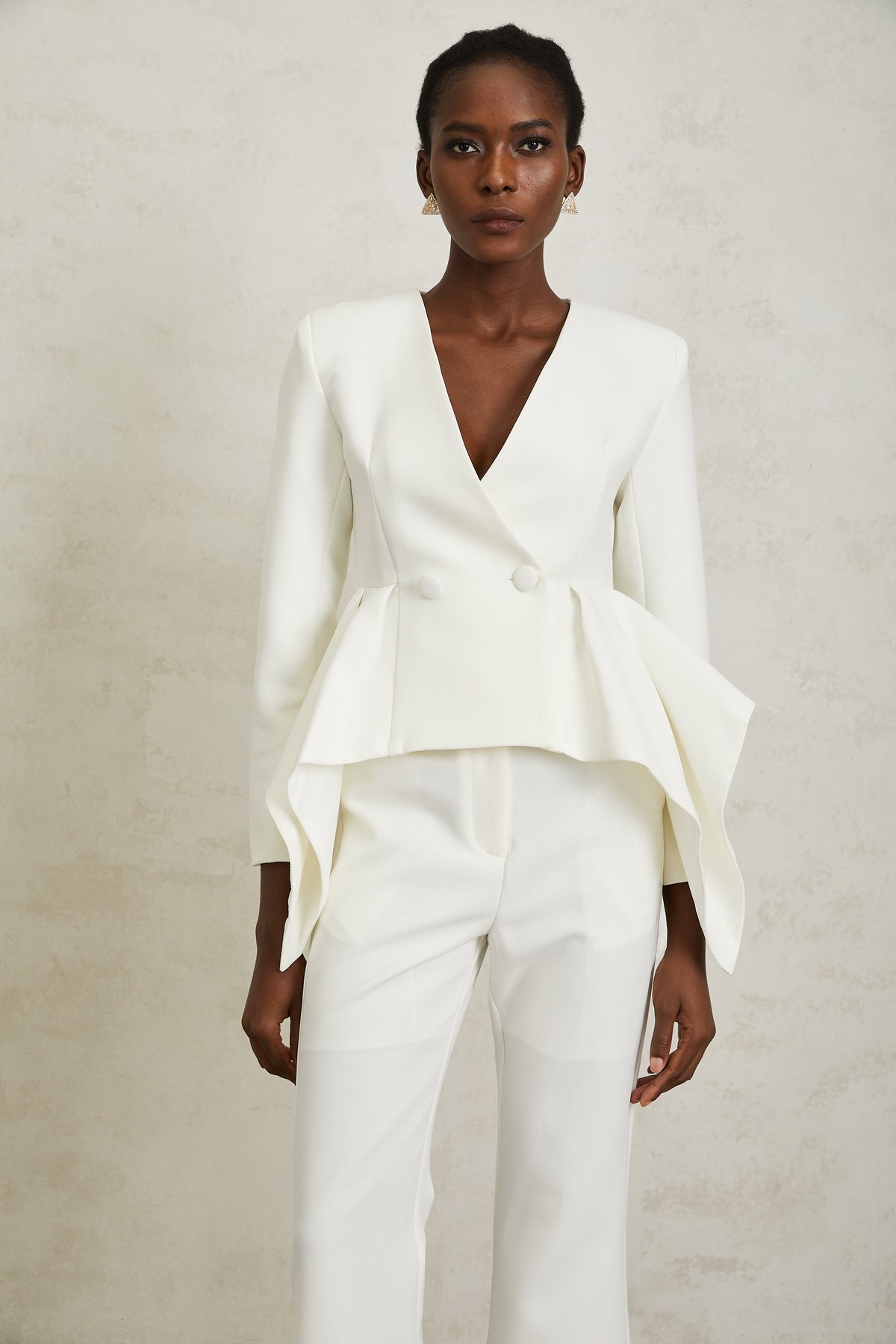 Luisa White Peplum Ruffled Waist Jacket & Trousers Set
