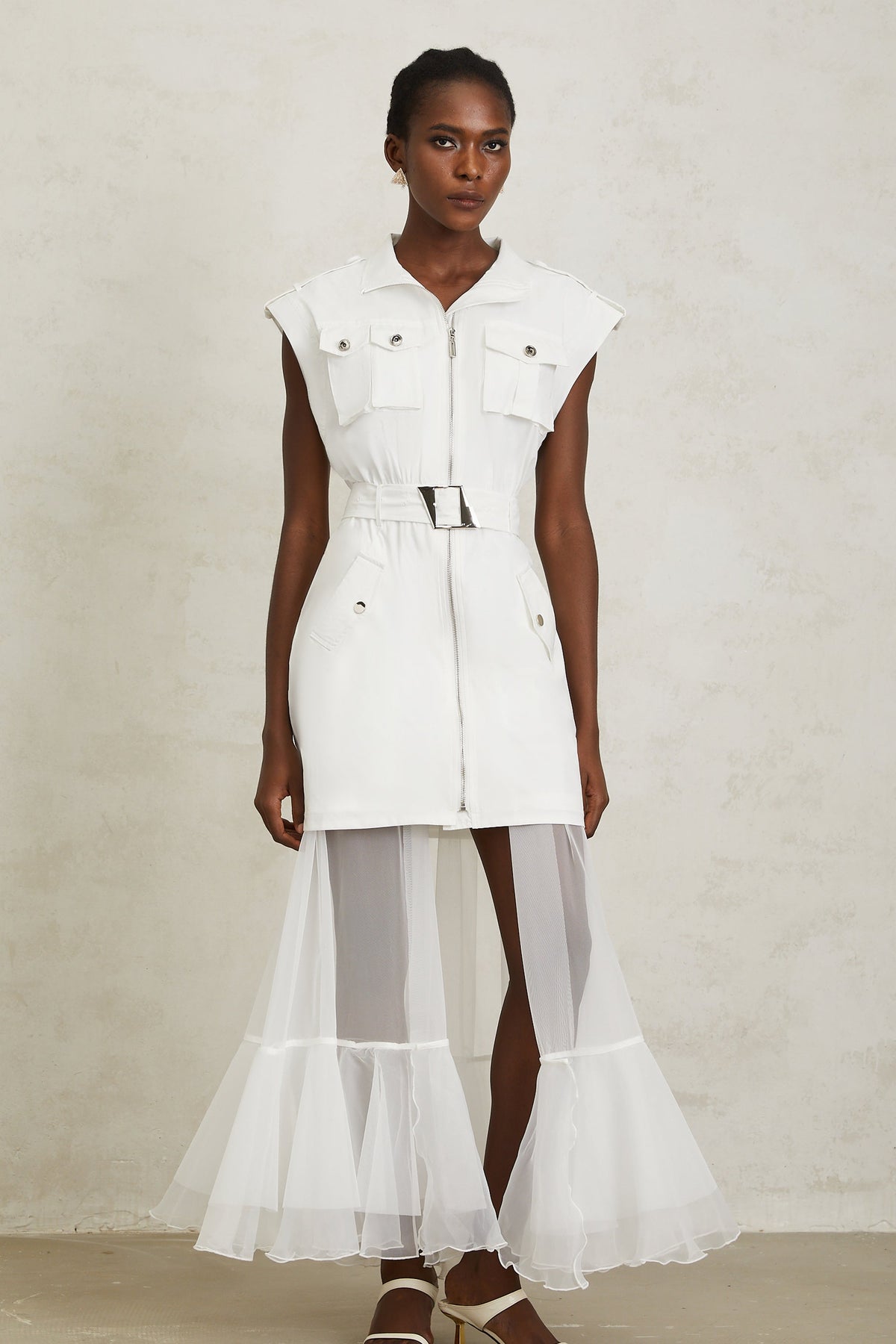 Juliette White Belted Tulle Panel Midi Dress