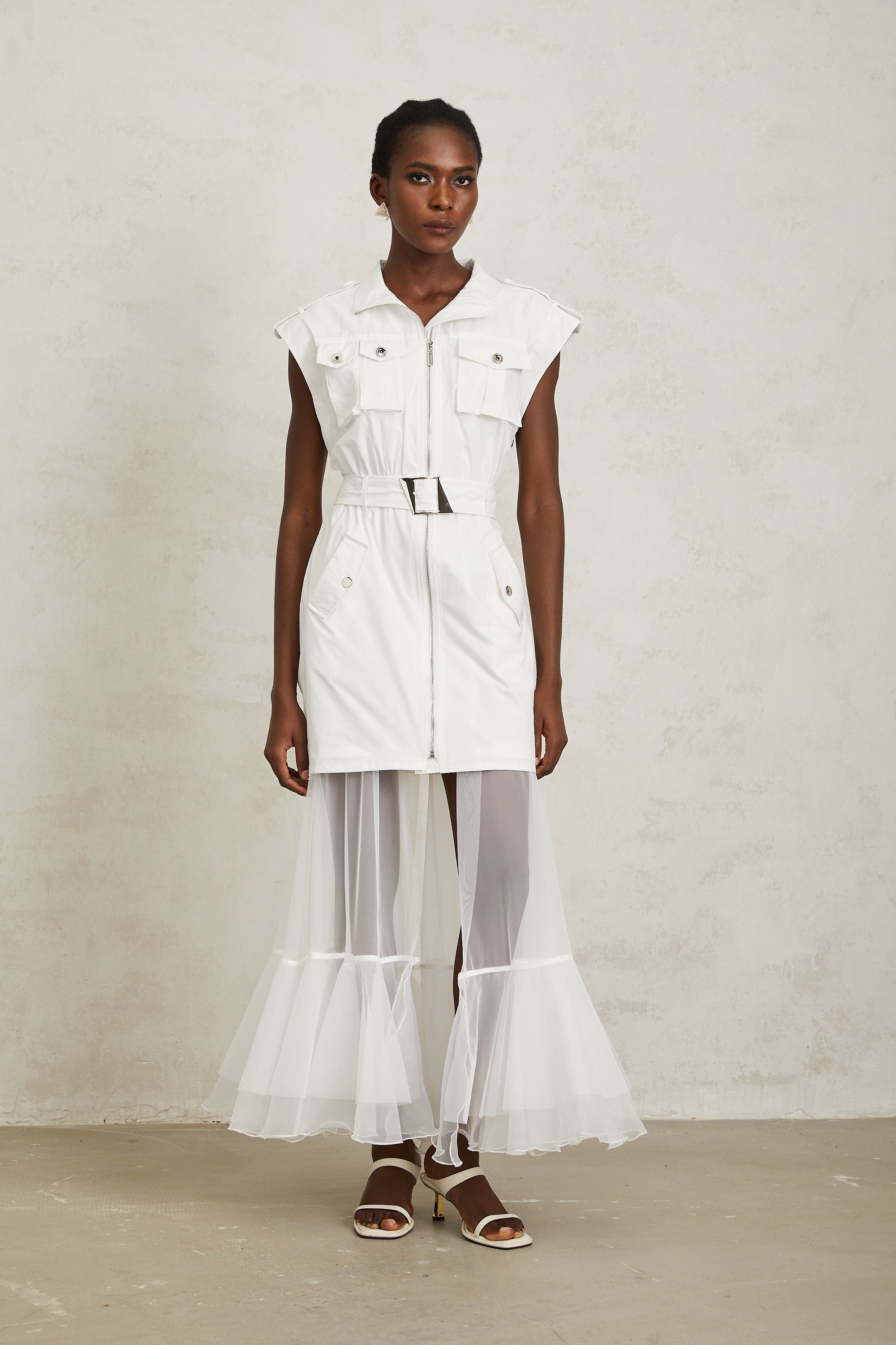 Juliette White Belted Tulle Panel Midi Dress