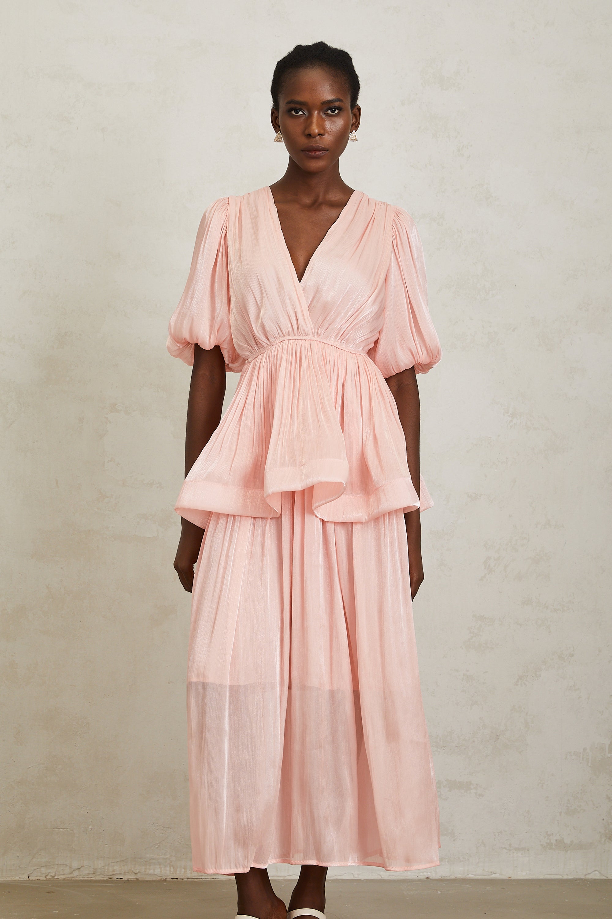 Joyanna Pink Pleated Glossy Maxi Dress (Final Sale-US Only)