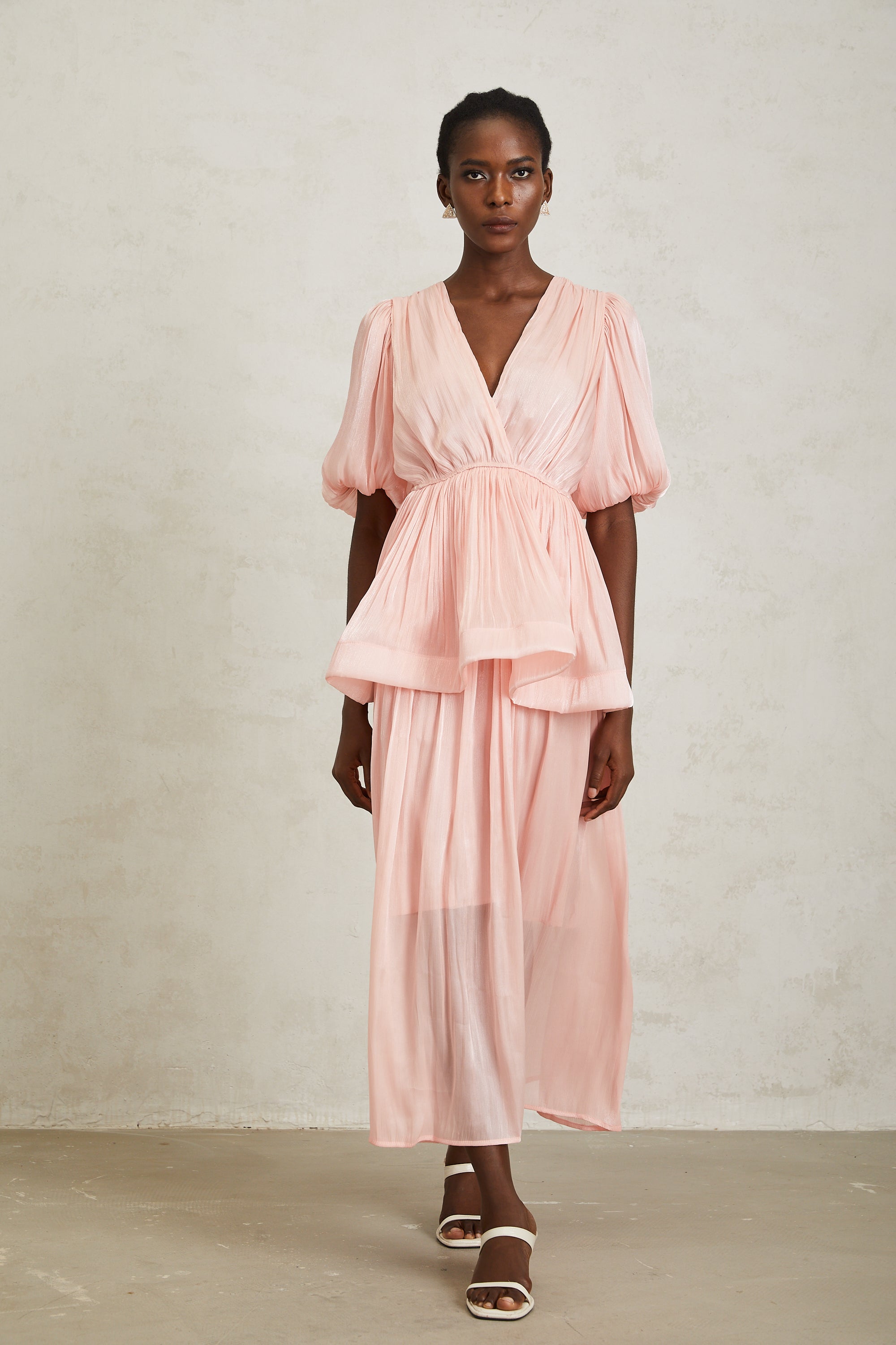 Joyanna Pink Pleated Glossy Maxi Dress (Final Sale-US Only)