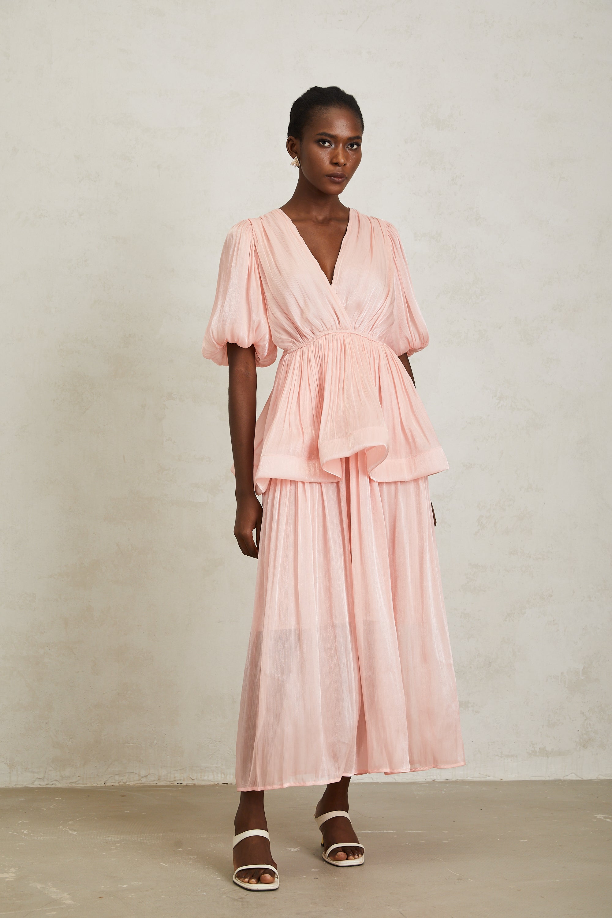 Joyanna Pink Pleated Glossy Maxi Dress (Final Sale-US Only)