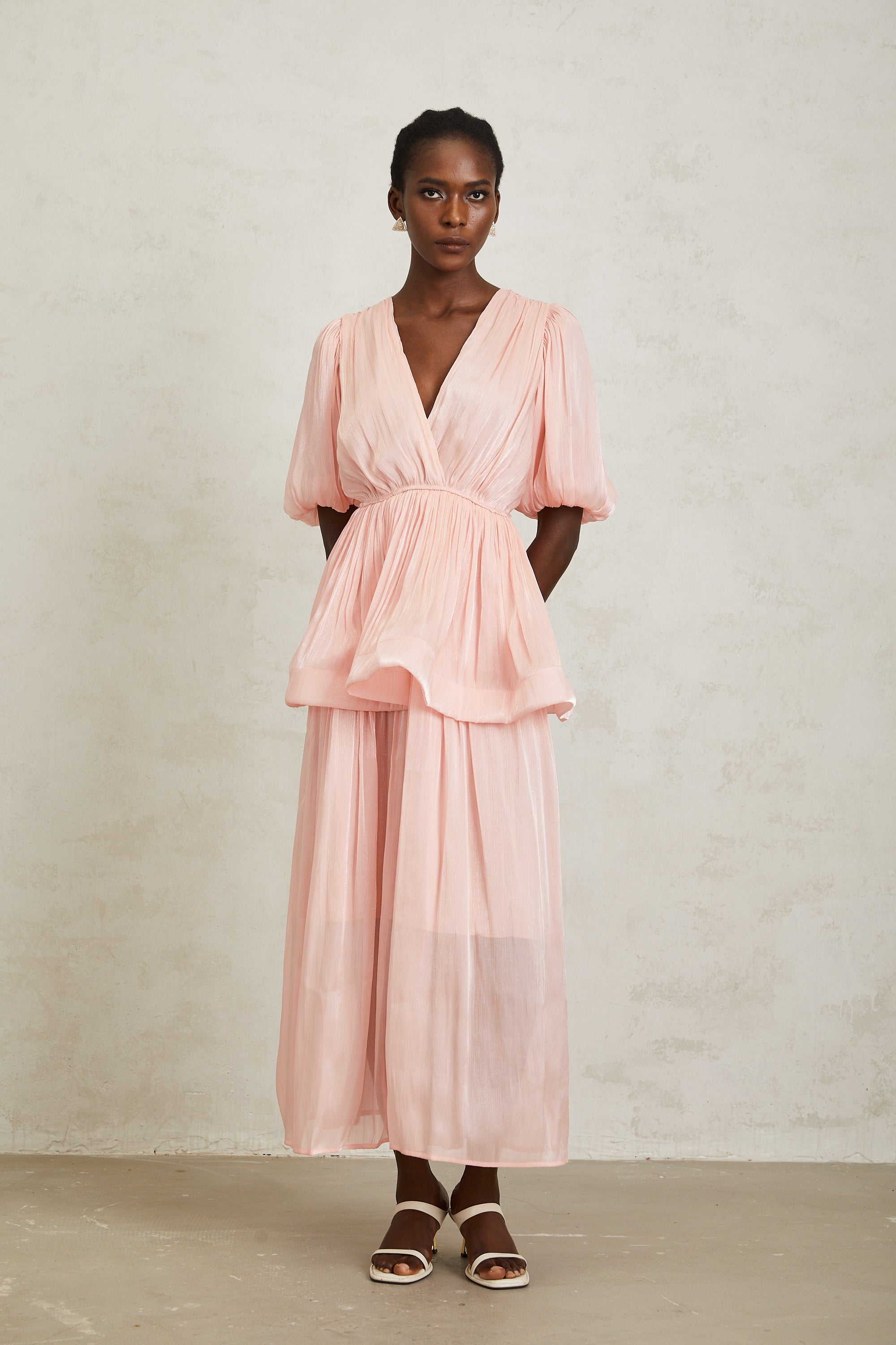 Joyanna Pink Pleated Glossy Maxi Dress