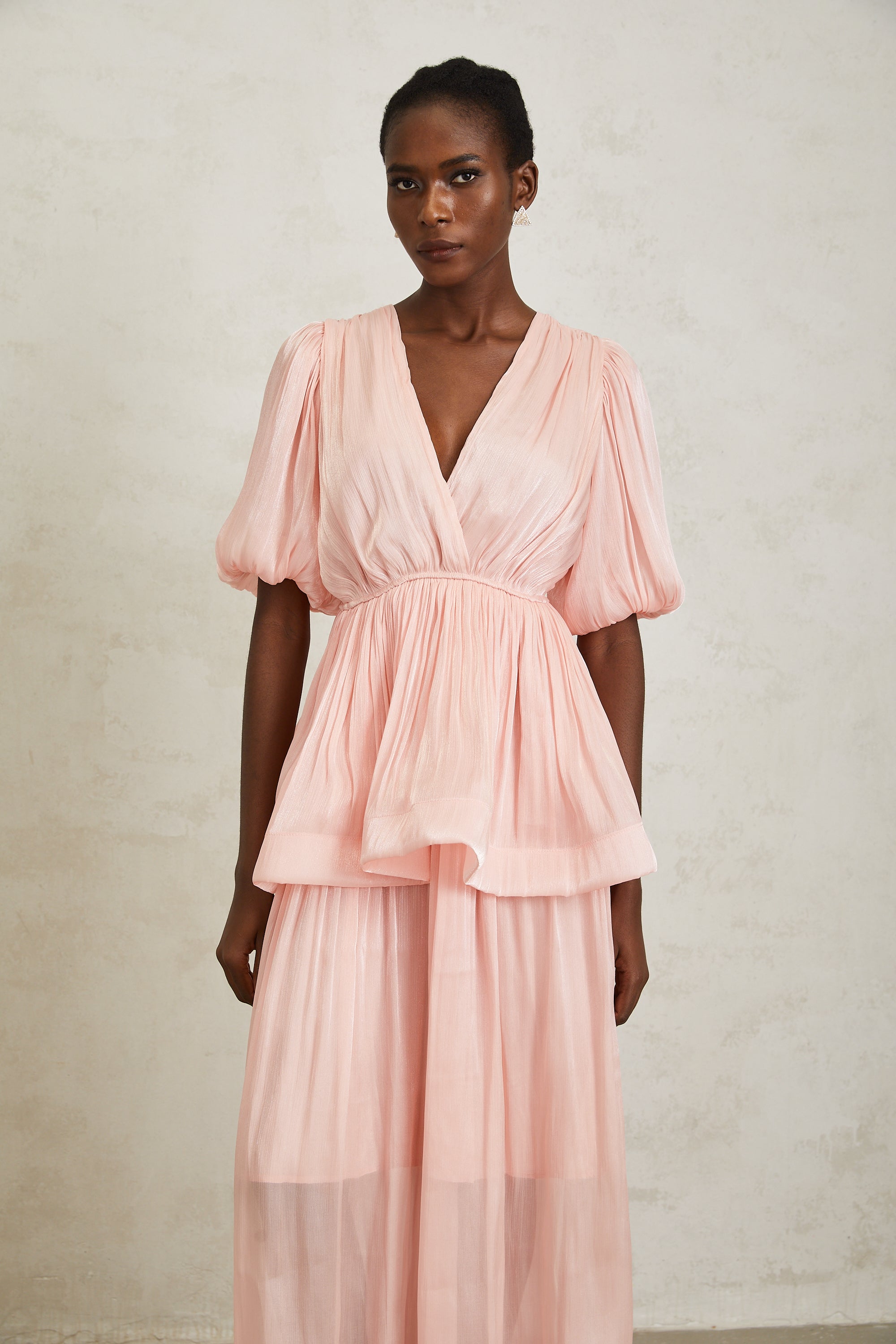 Joyanna Pink Pleated Glossy Maxi Dress (Final Sale-US Only)