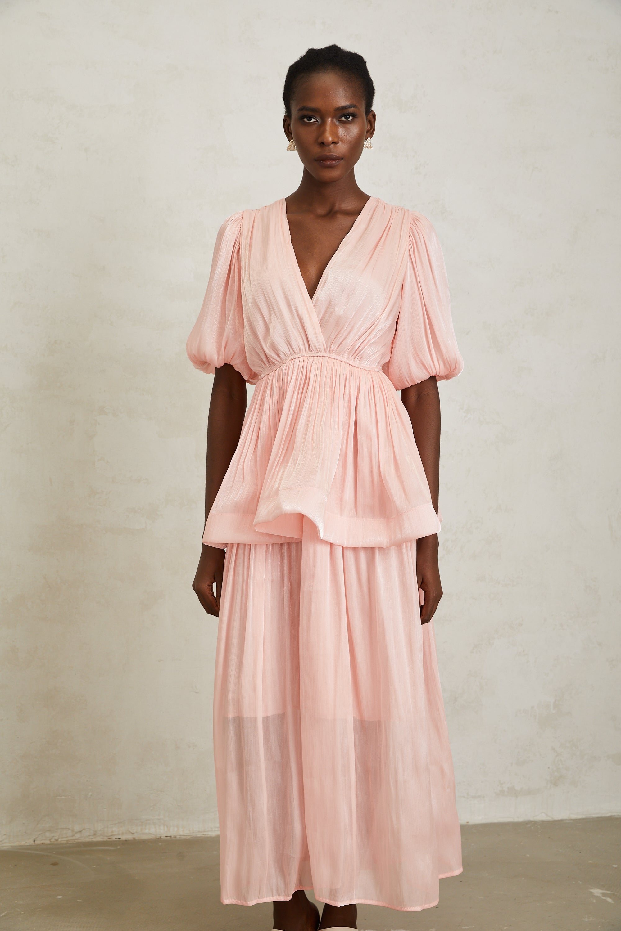 Joyanna Pink Pleated Glossy Maxi Dress (Final Sale-US Only)