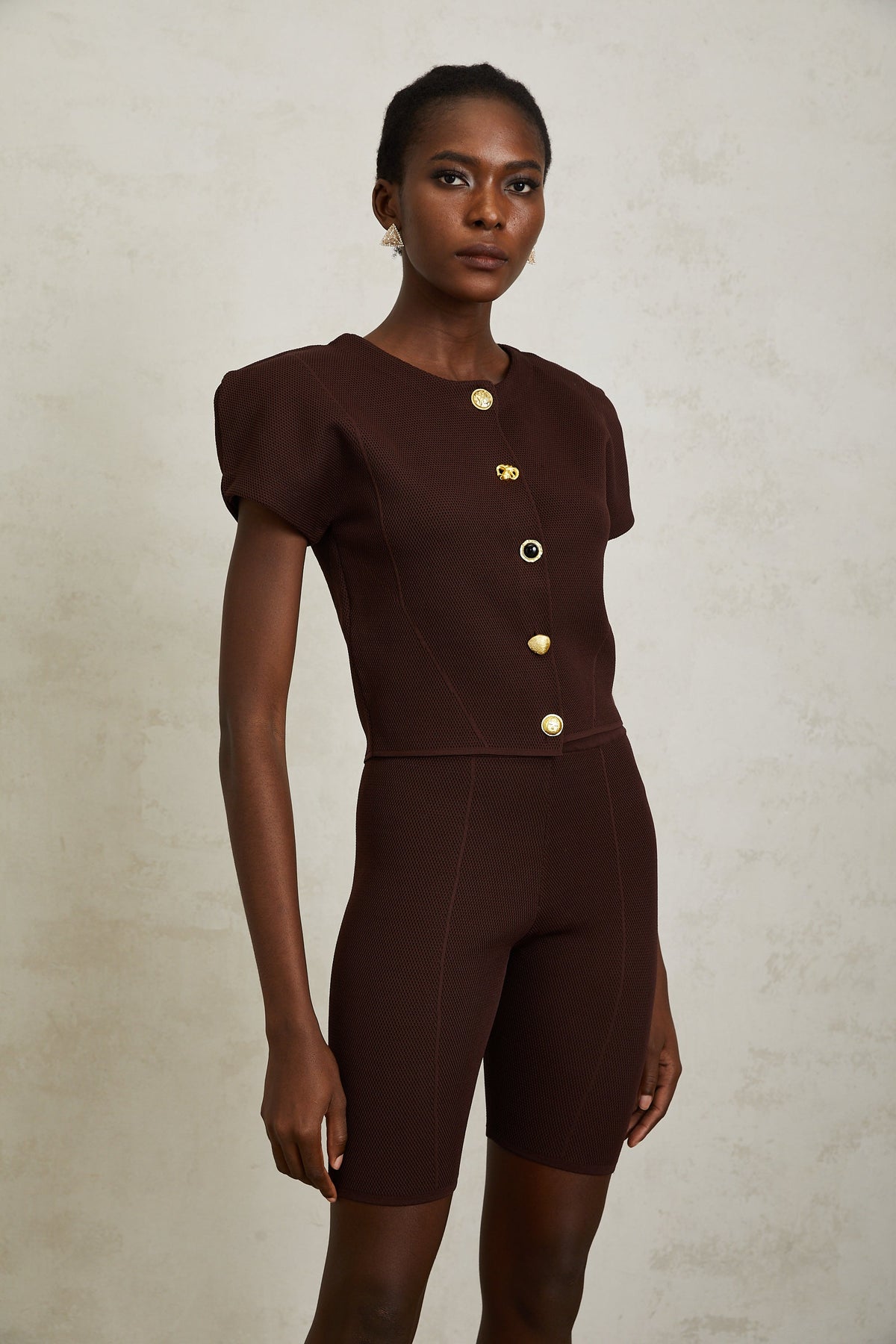 Hélène Brown Textured Knit Top & Shorts Set