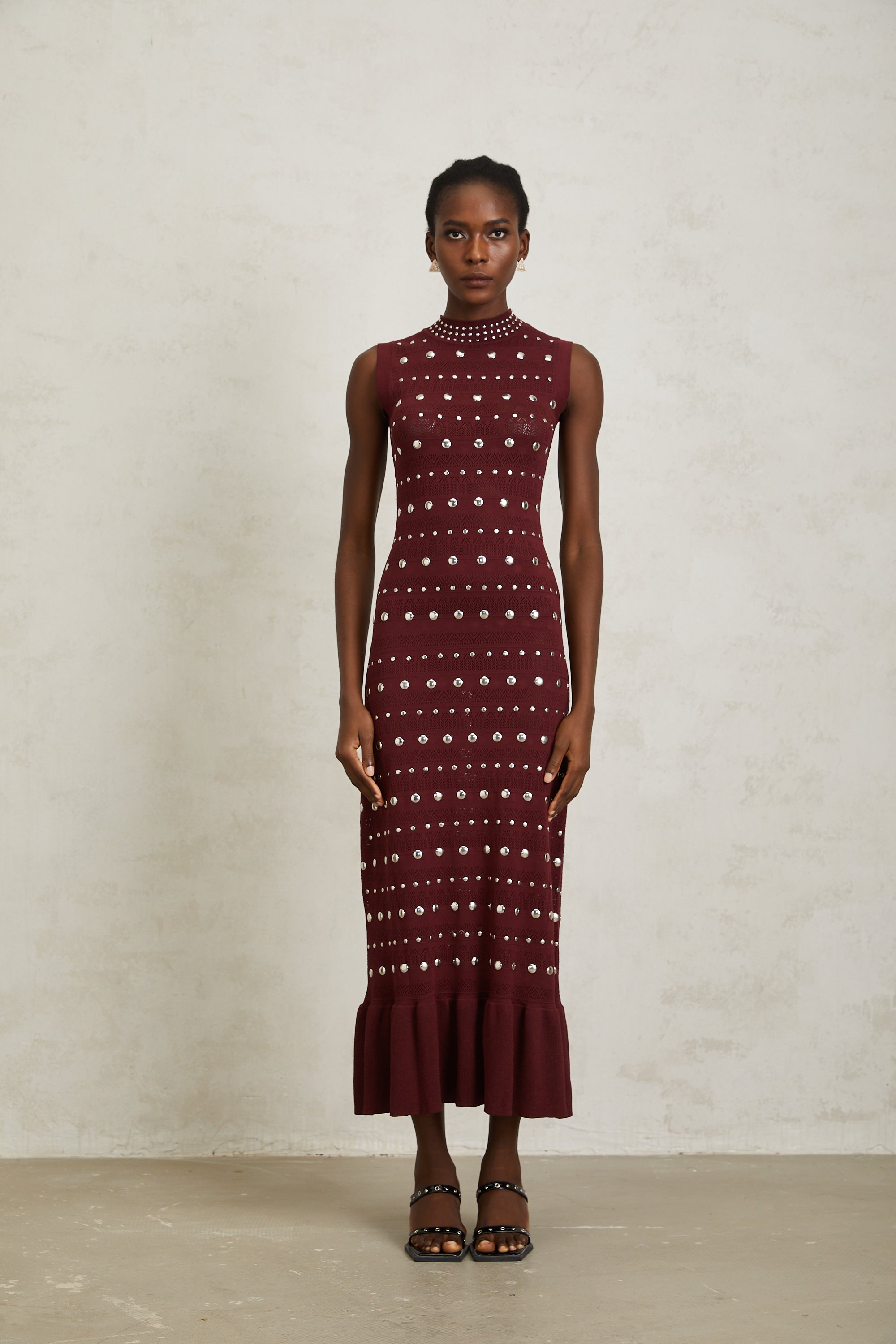 Chloé Red Studded Crochet Knit Maxi Dress