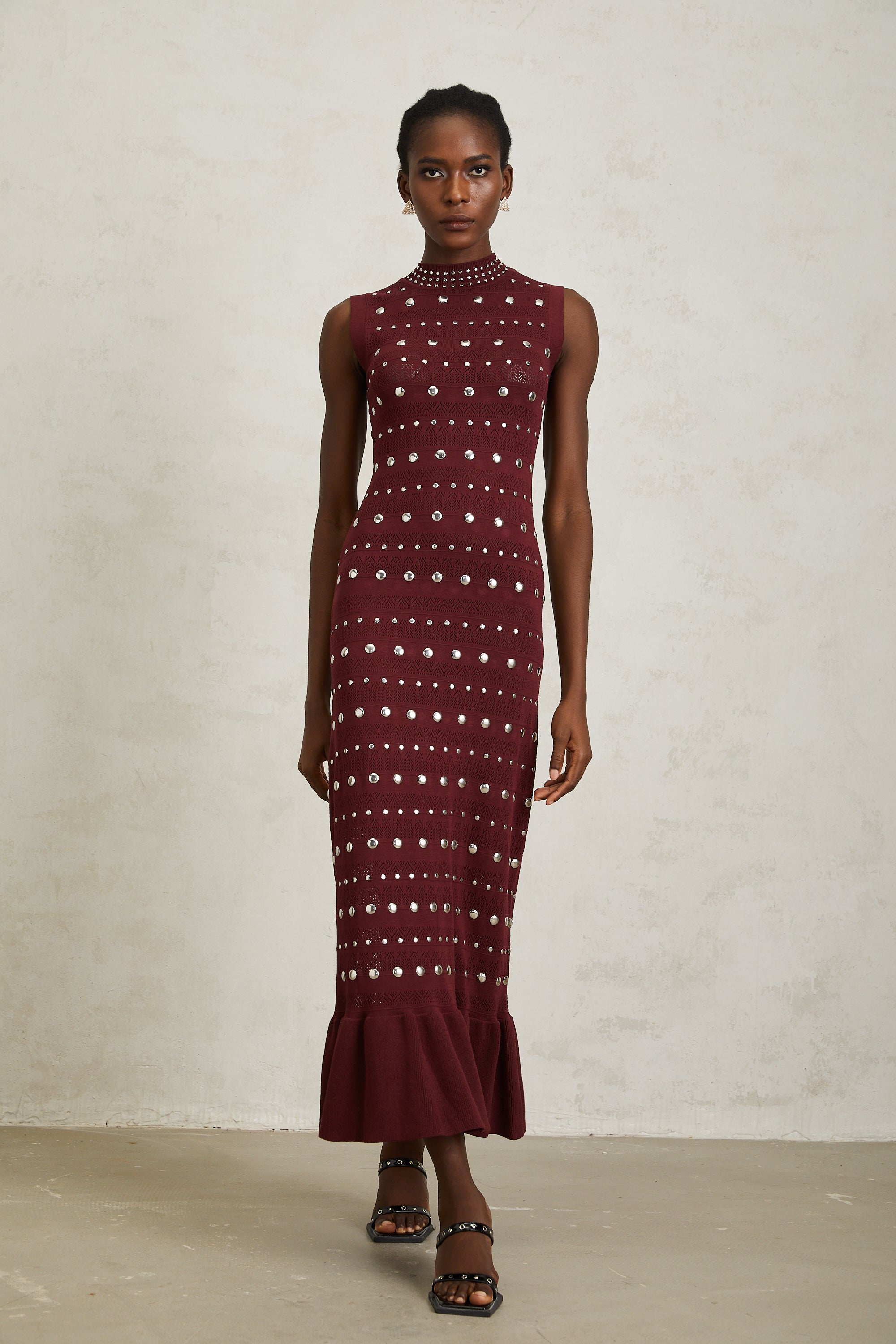 Chloé Red Studded Crochet Knit Maxi Dress
