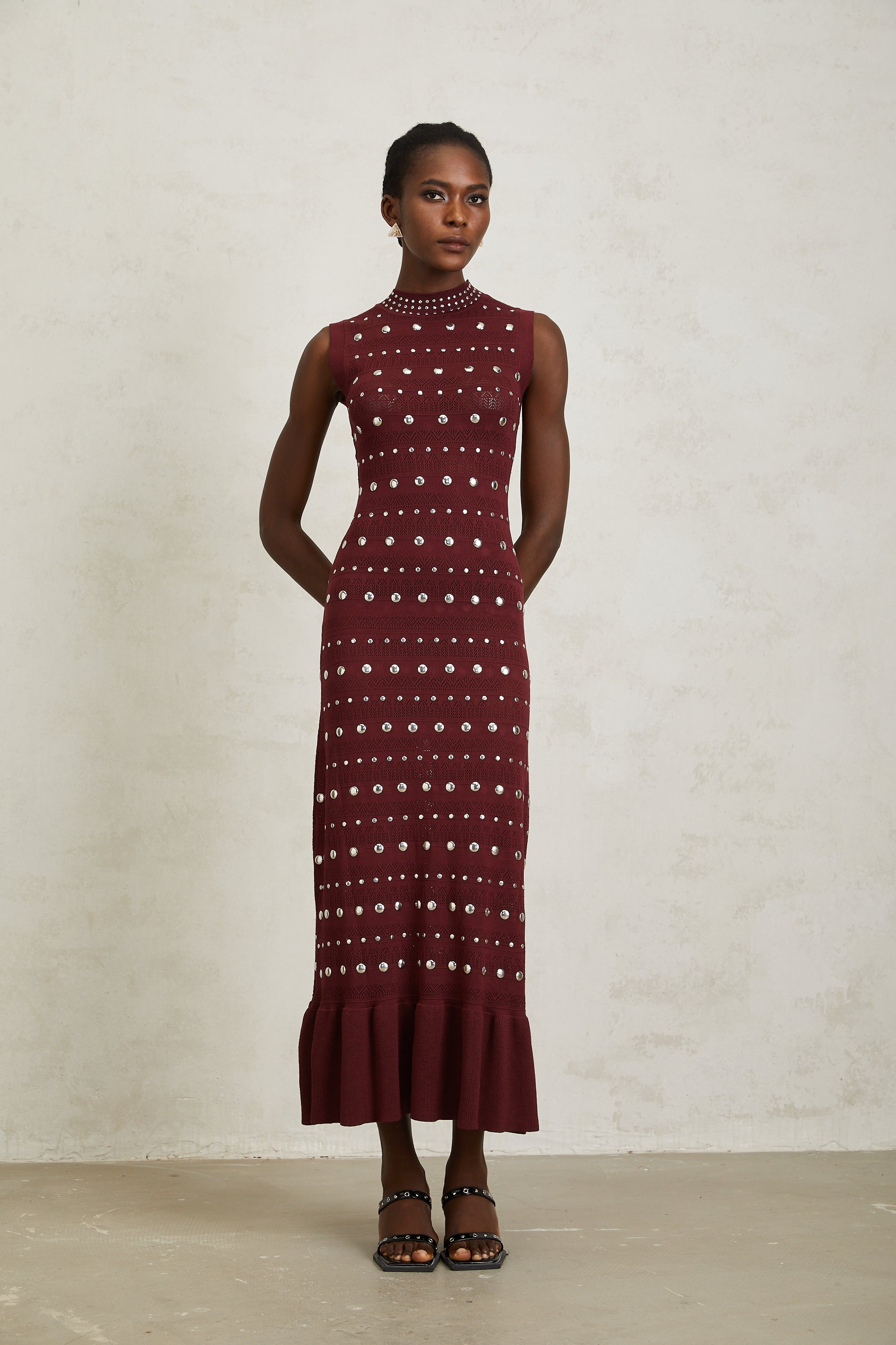 Chloé Red Studded Crochet Knit Maxi Dress