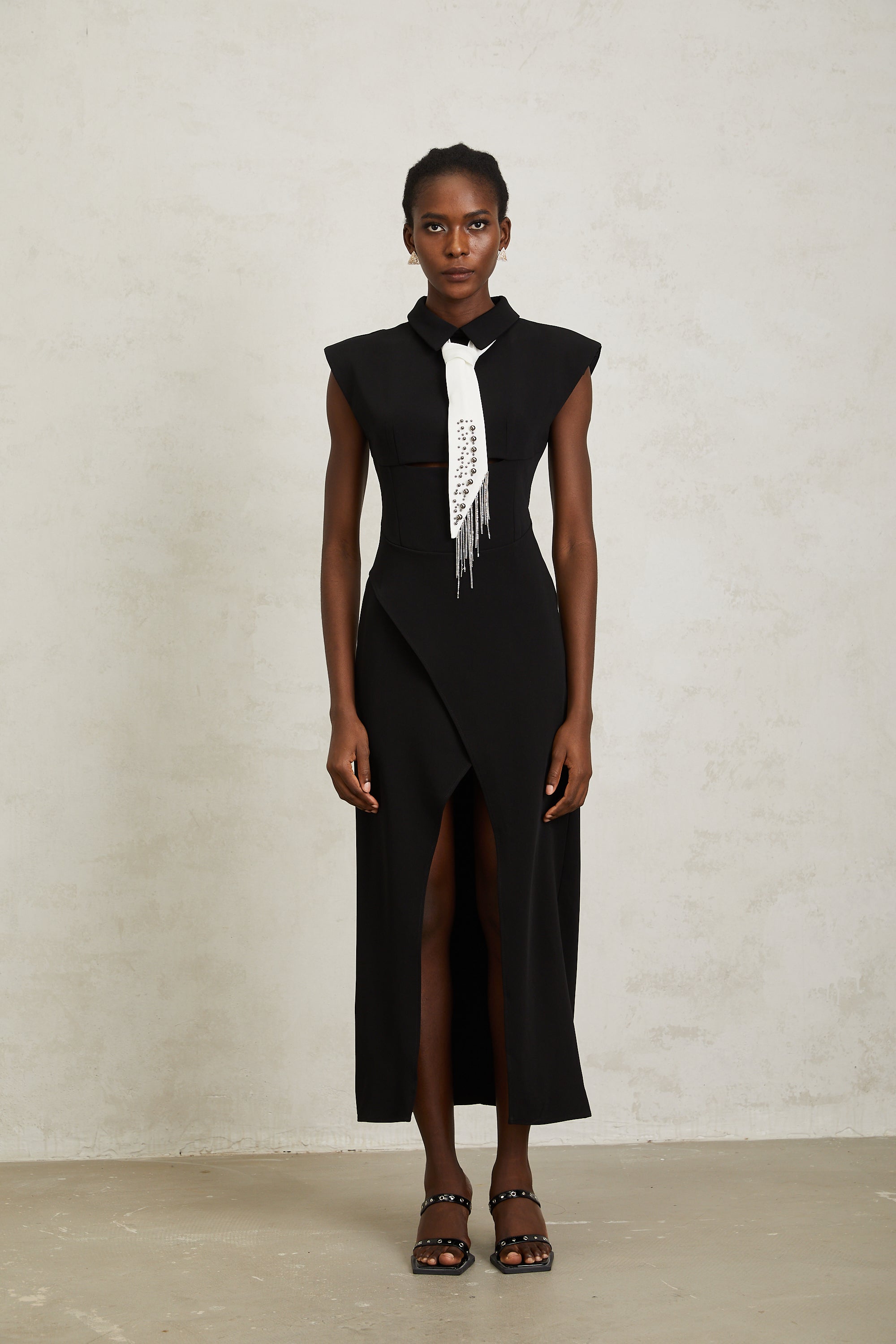 Daniela Black Necktie High Slit Midi Dress