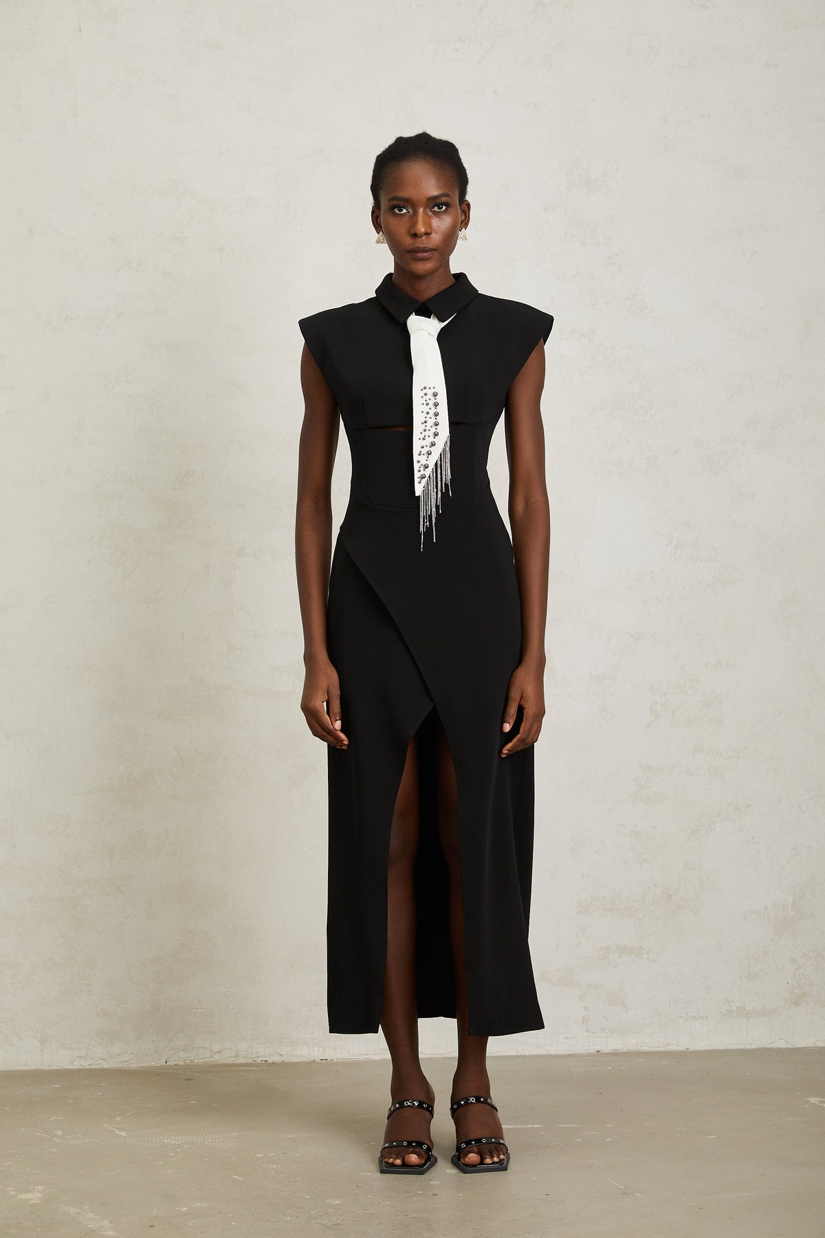 Daniela Black Necktie High Slit Midi Dress