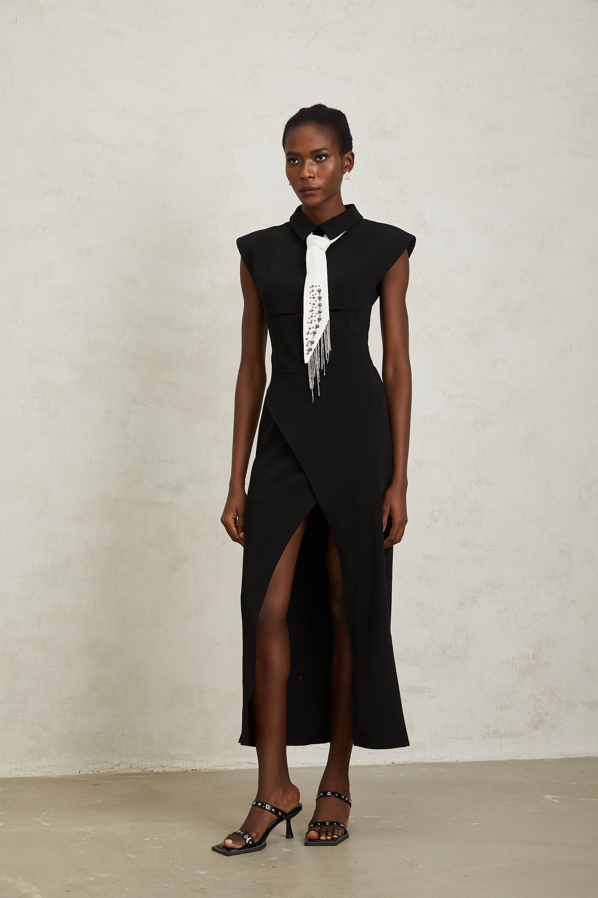 Daniela Black Necktie High Slit Midi Dress