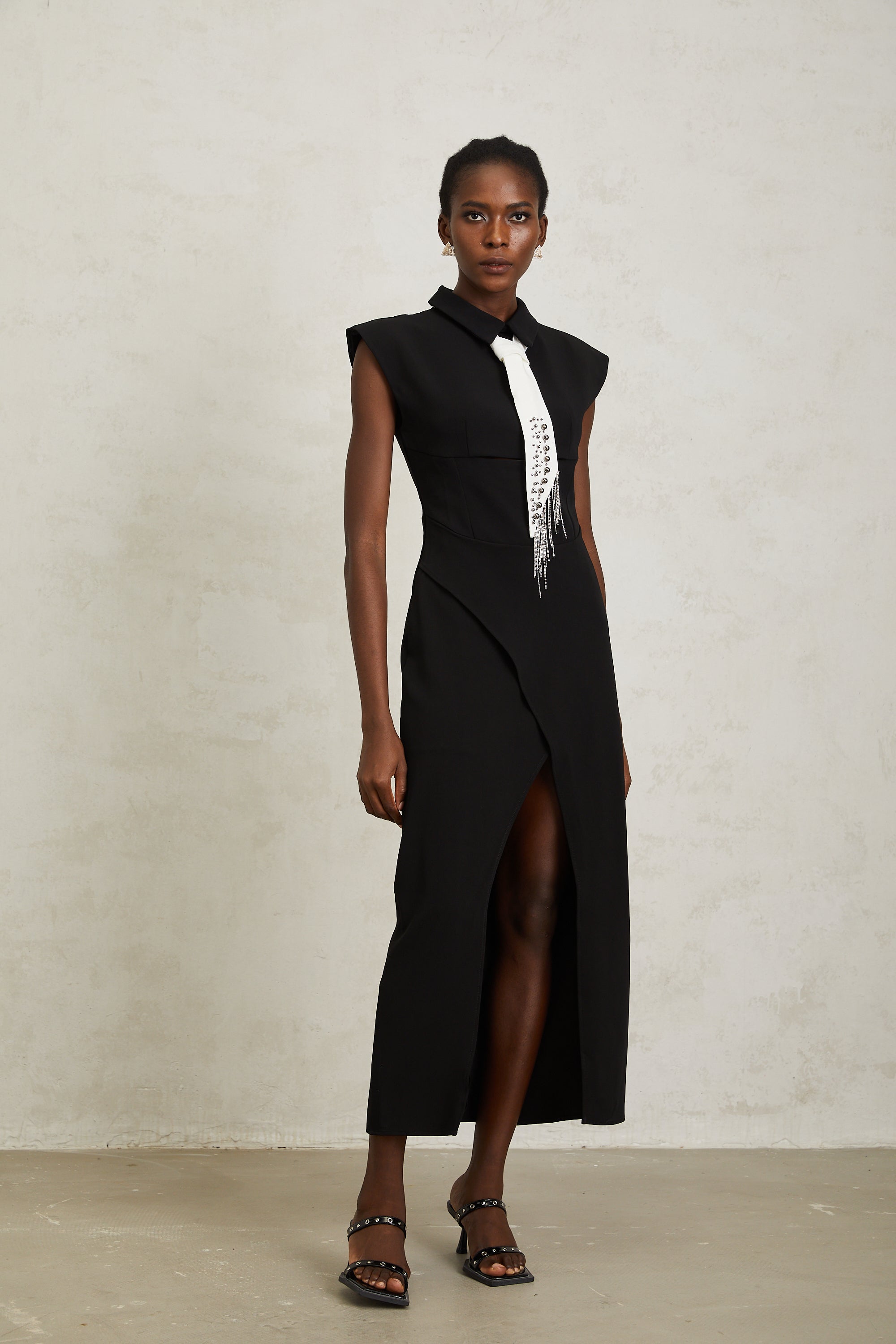 Daniela Black Necktie High Slit Midi Dress