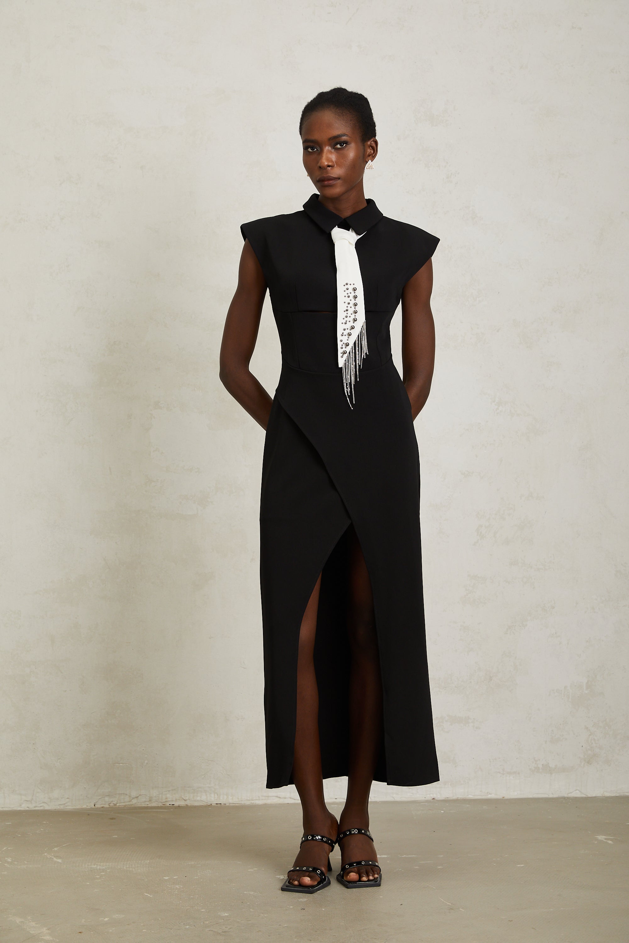 Daniela Black Necktie High Slit Midi Dress
