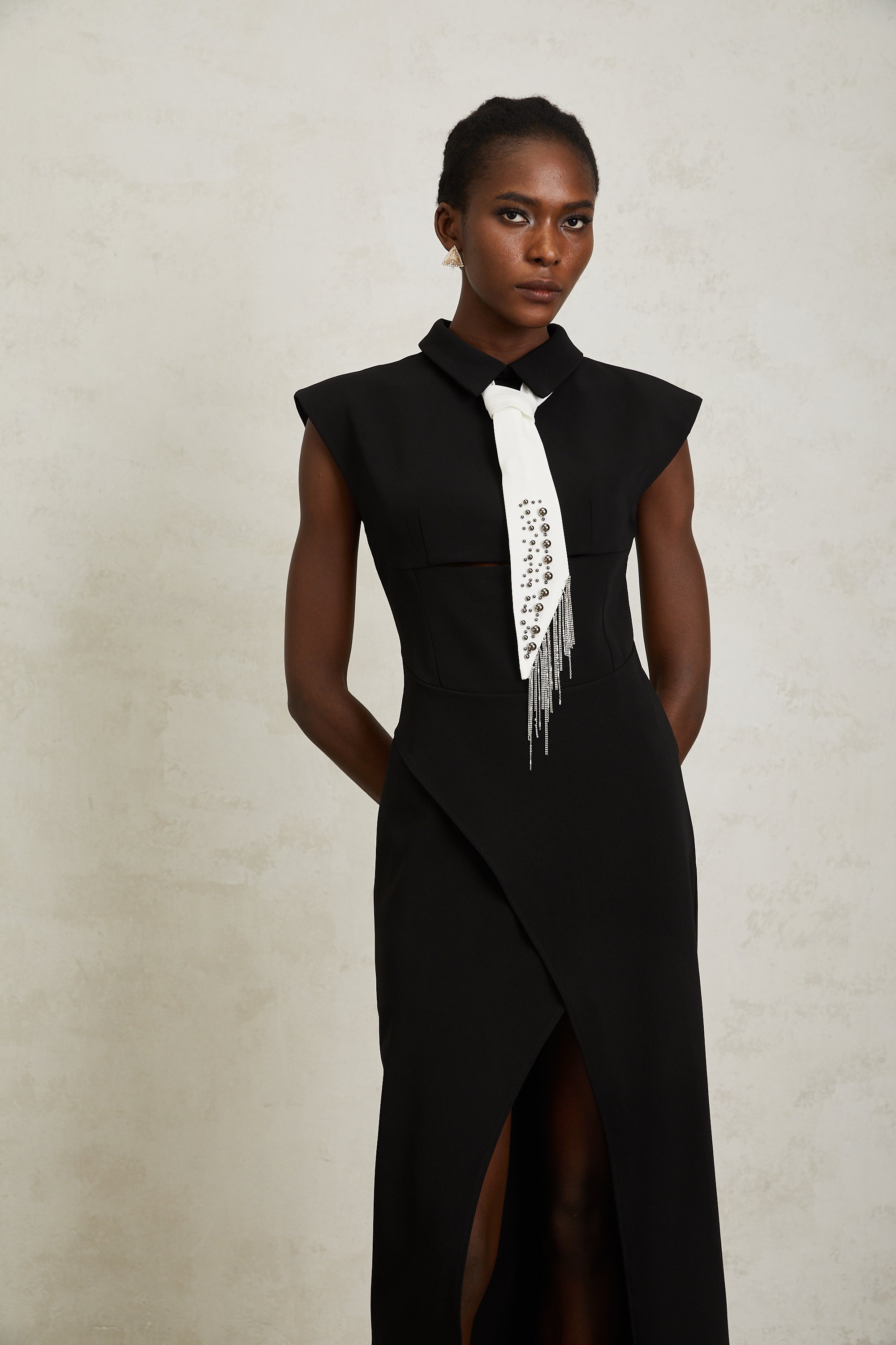 Daniela Black Necktie High Slit Midi Dress