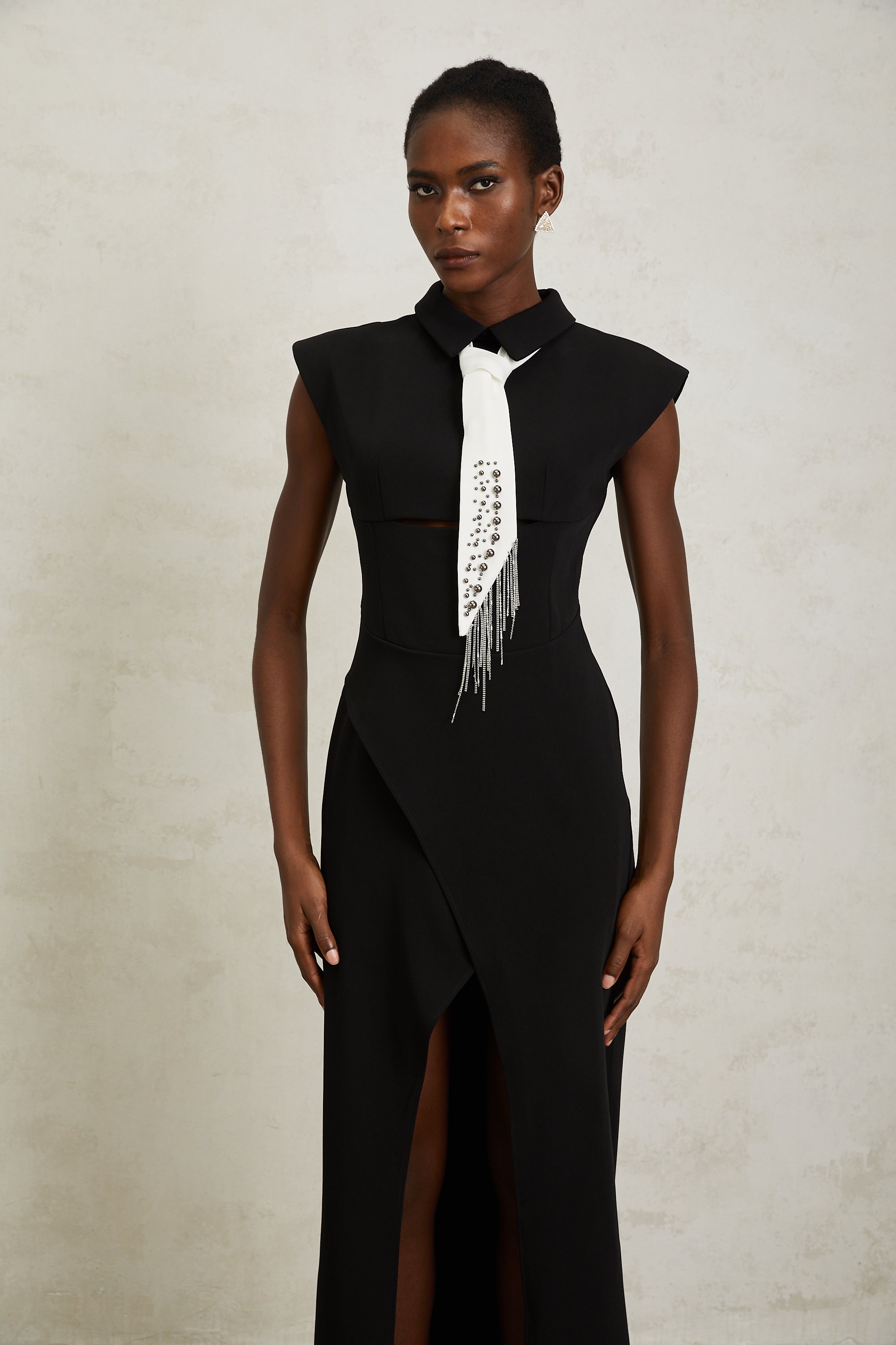Daniela Black Necktie High Slit Midi Dress