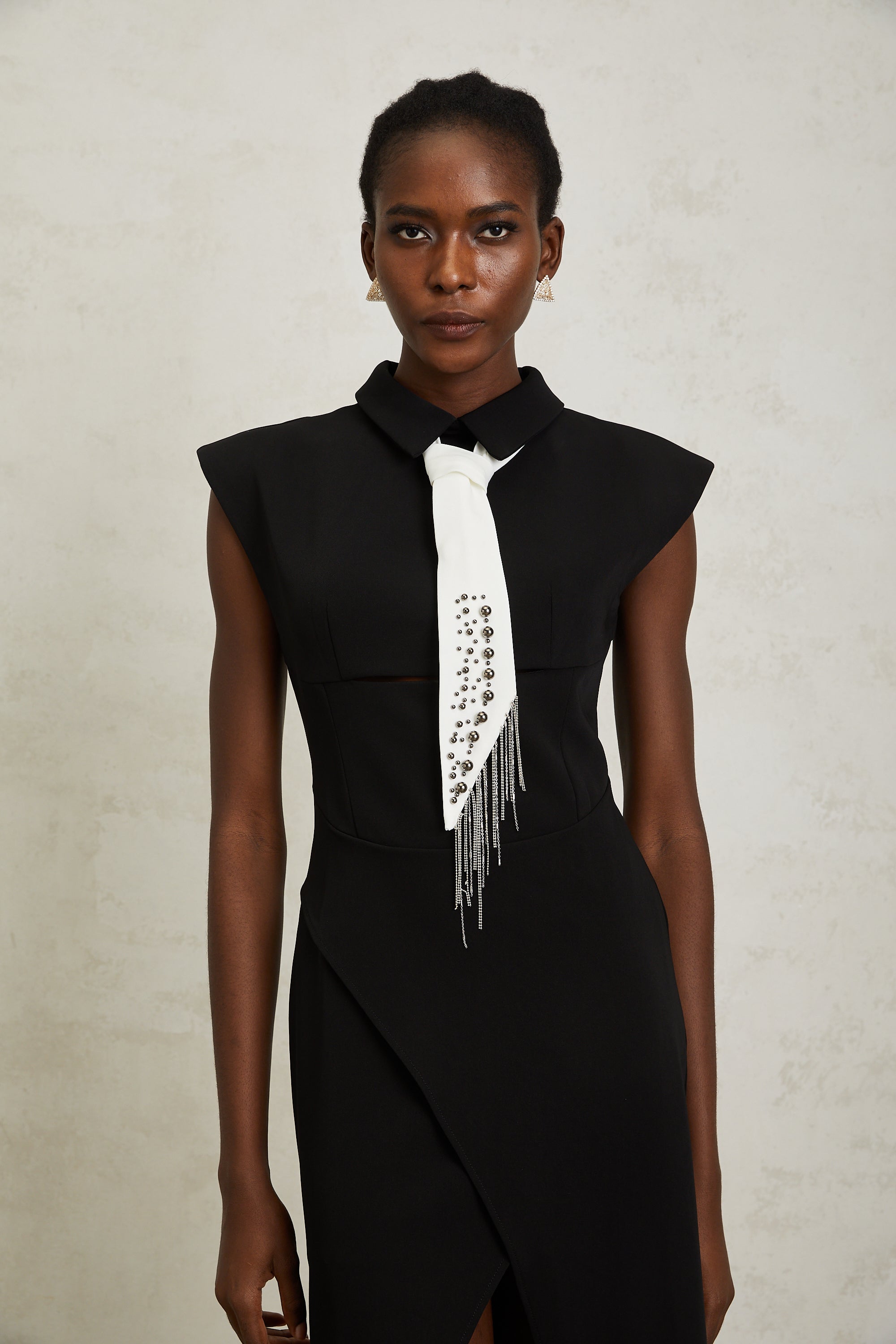 Daniela Black Necktie High Slit Midi Dress