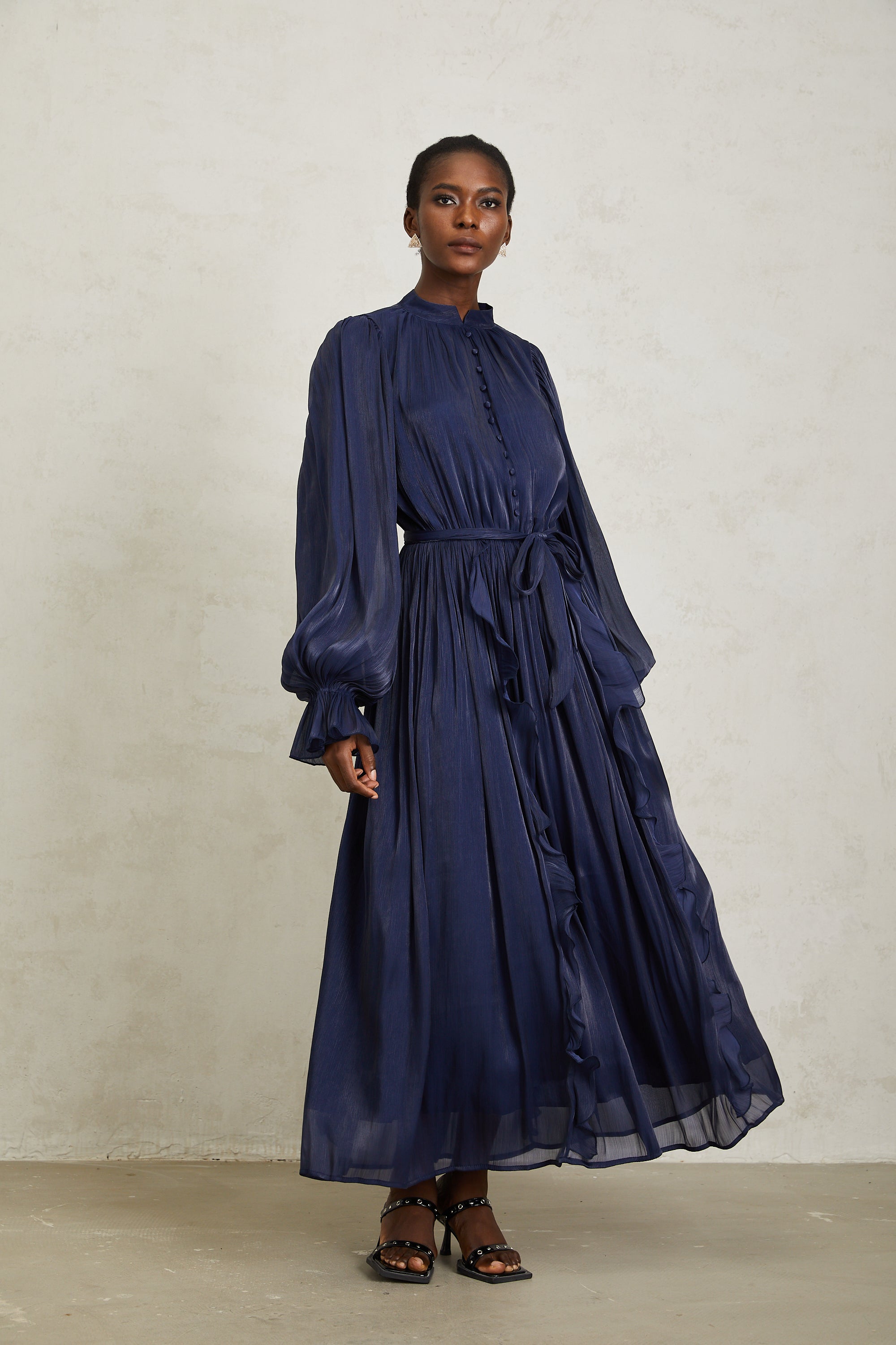 Nanette Dark Blue Glossy Pleated Maxi Dress (Final Sale-US Only)