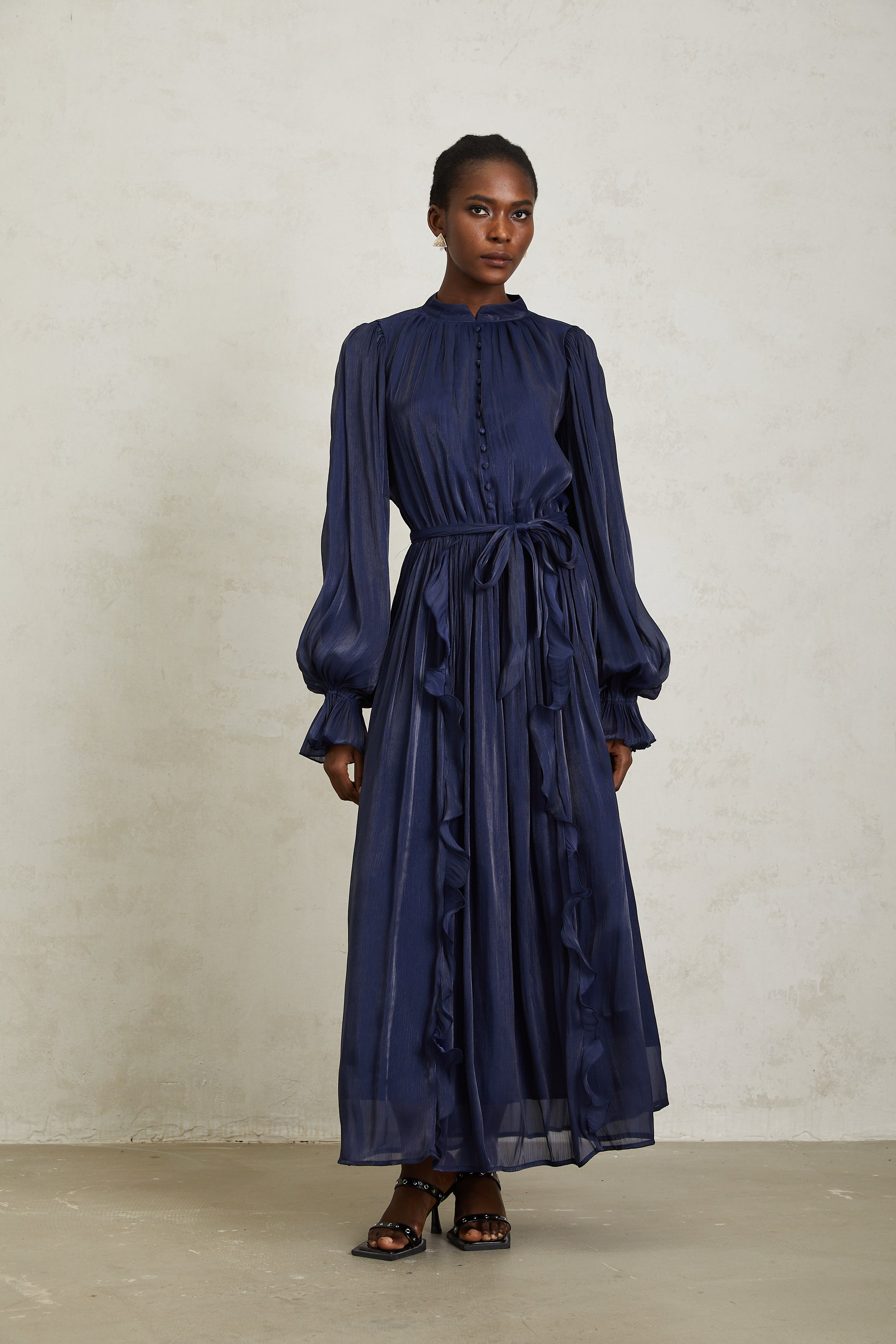 Nanette Dark Blue Glossy Pleated Maxi Dress (Final Sale-US Only)