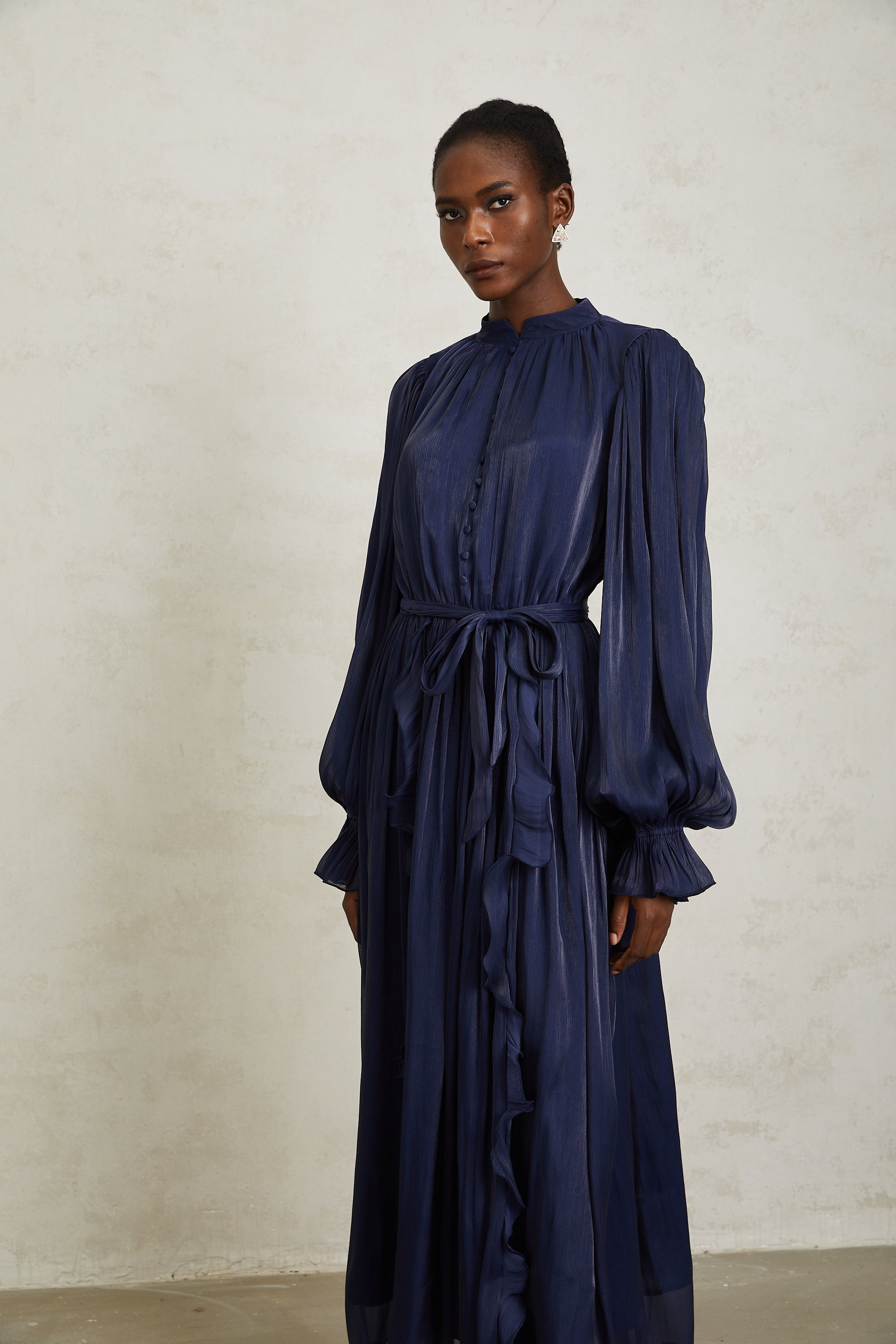 Nanette Dark Blue Glossy Pleated Maxi Dress (Final Sale-US Only)