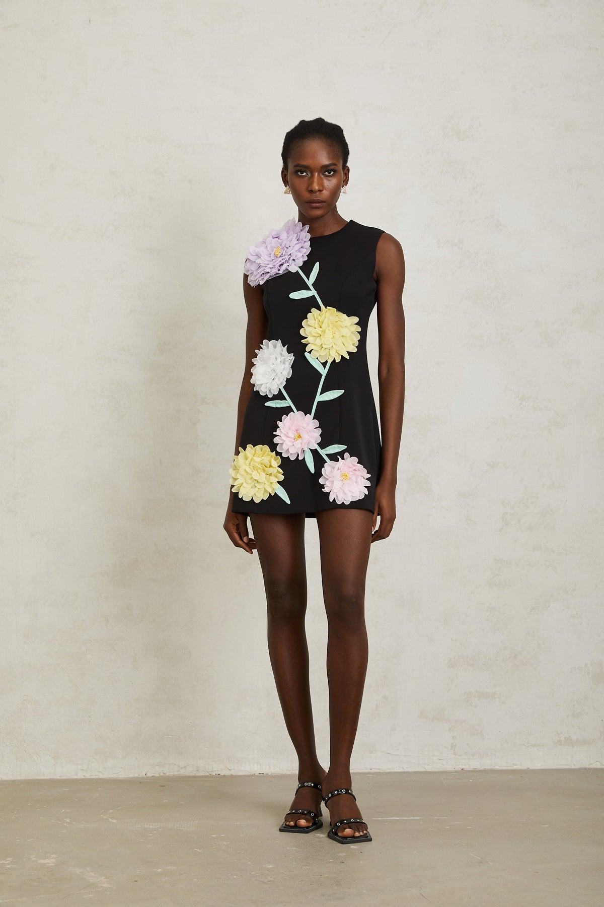 Véronique Black 3D Petal Sleeveless Mini Dress